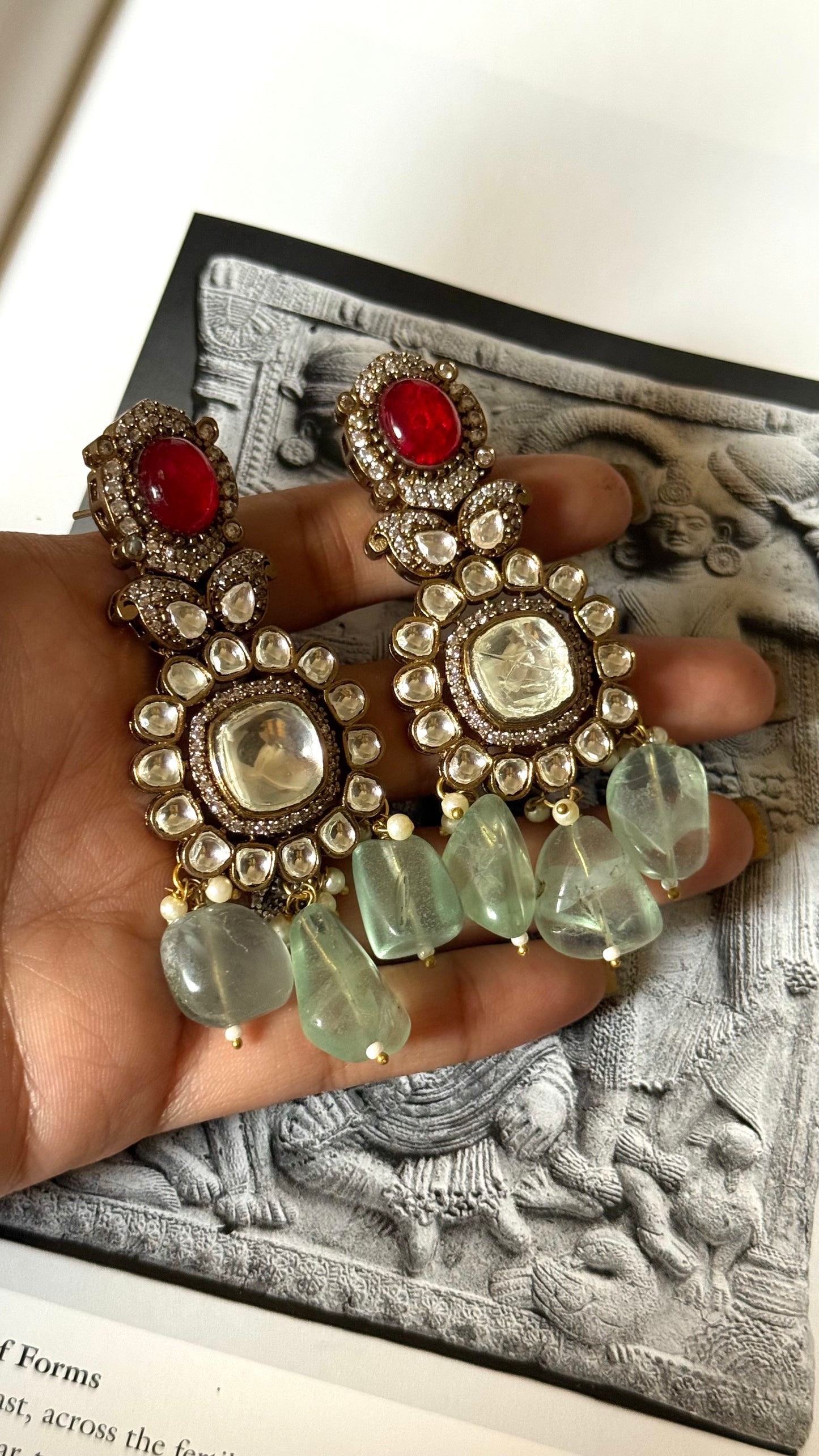 Ruby doublet & moissanite polki with mint beads earrings