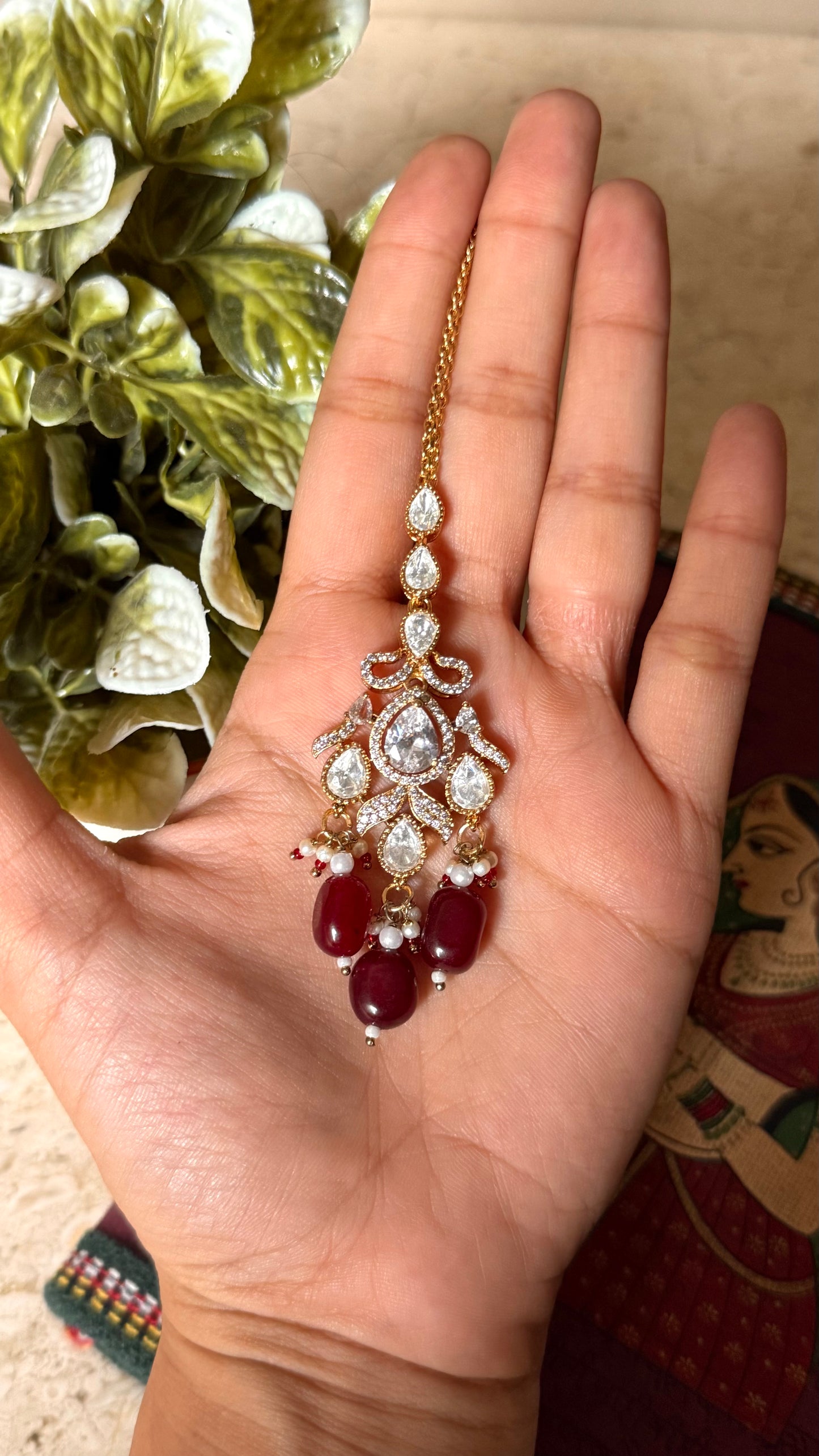 Moissanite polki with ruby drops maangtika