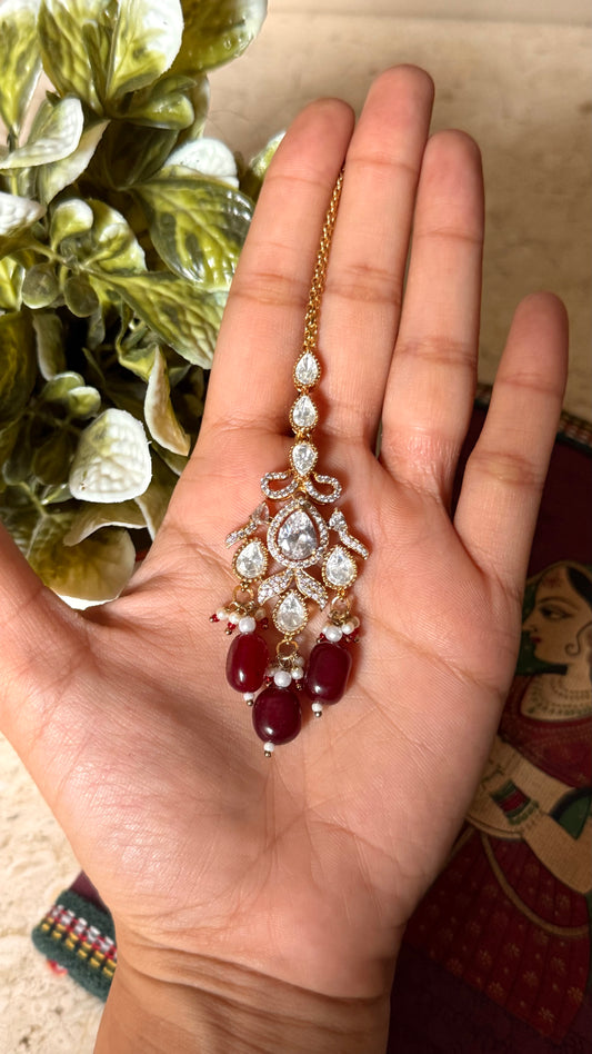 Moissanite polki with ruby drops maangtika