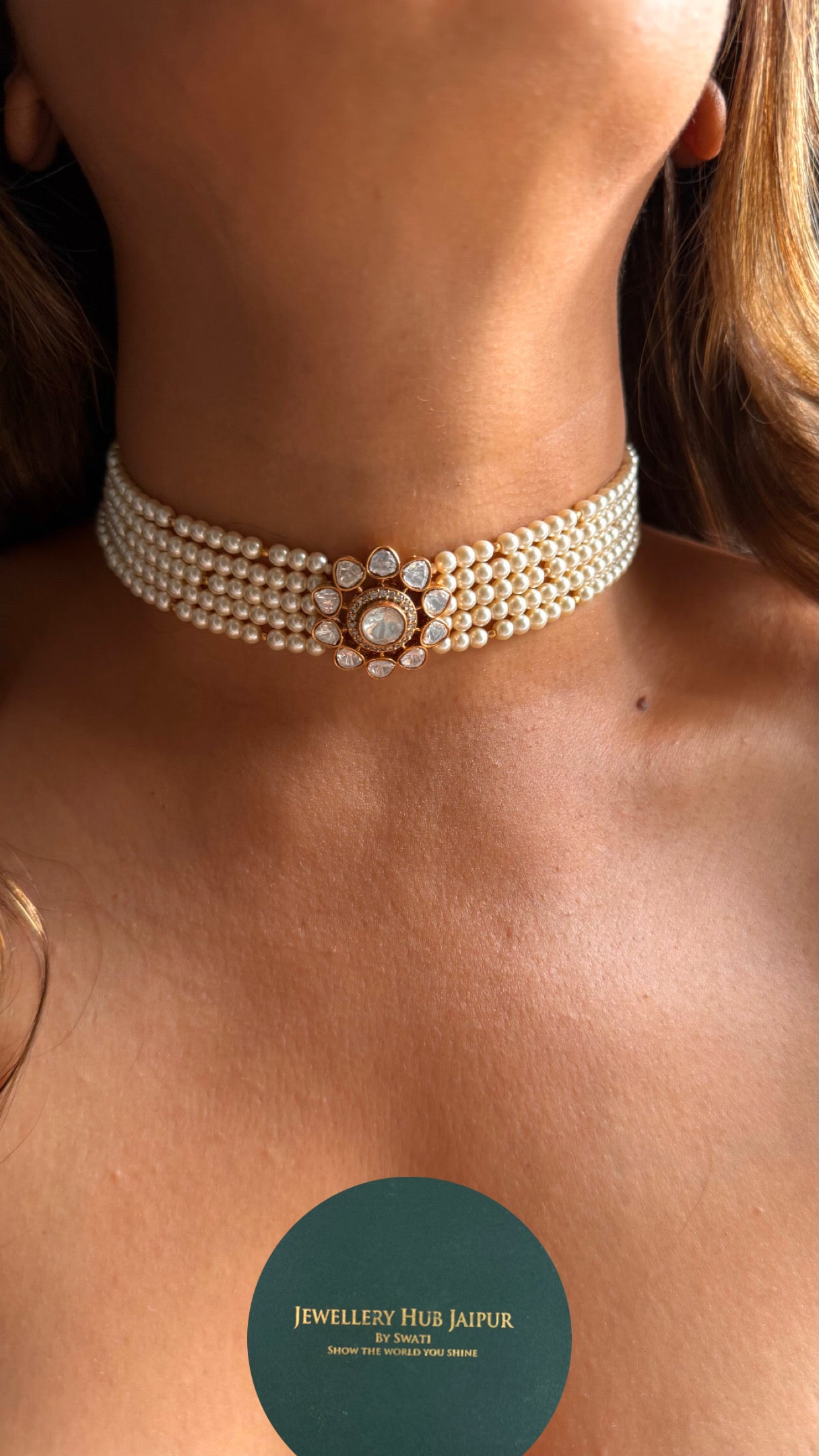 Real Moissanite floral polki pearl detailing choker necklace