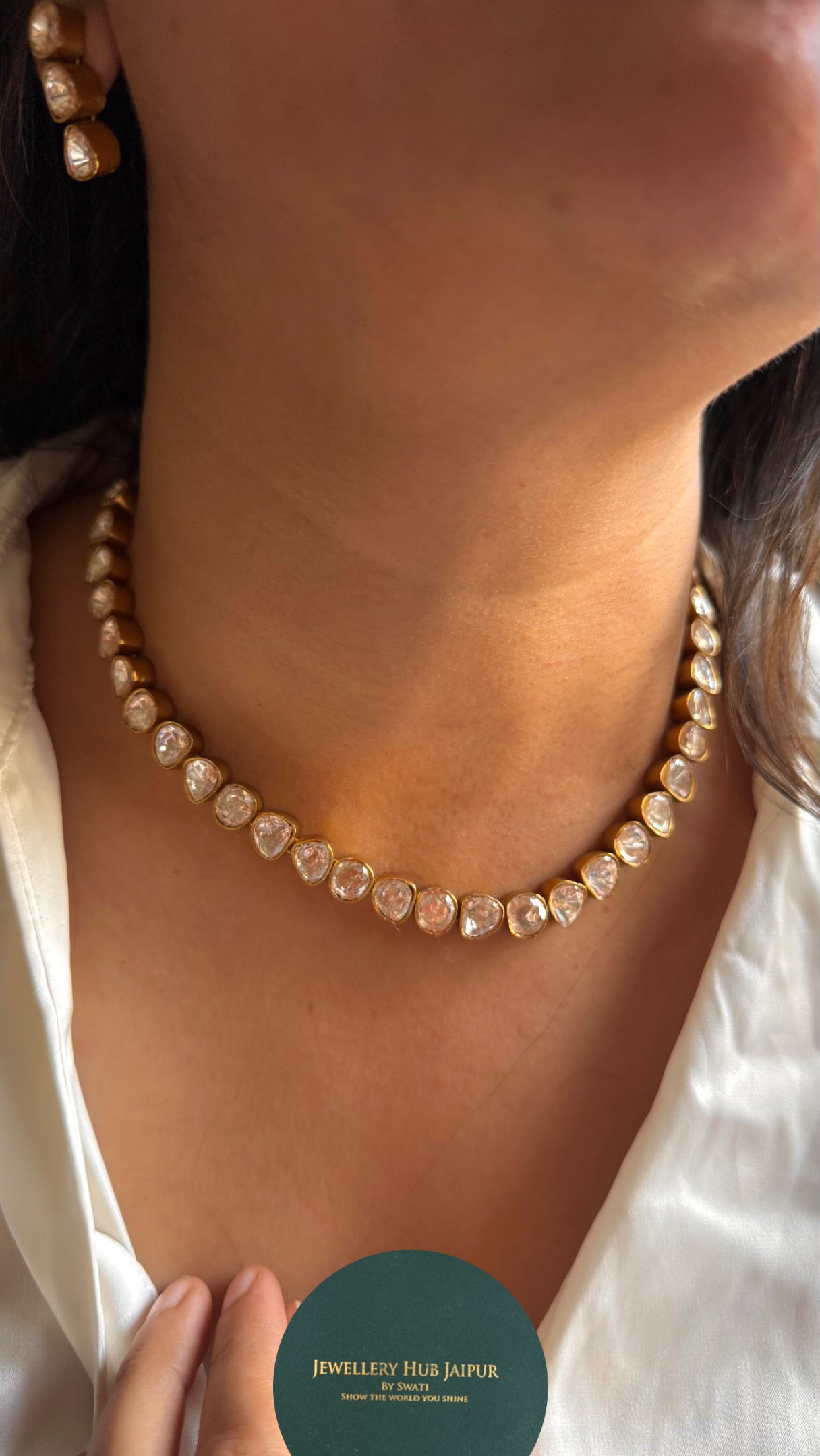 Single line real moissanite peeli polki collar necklace set