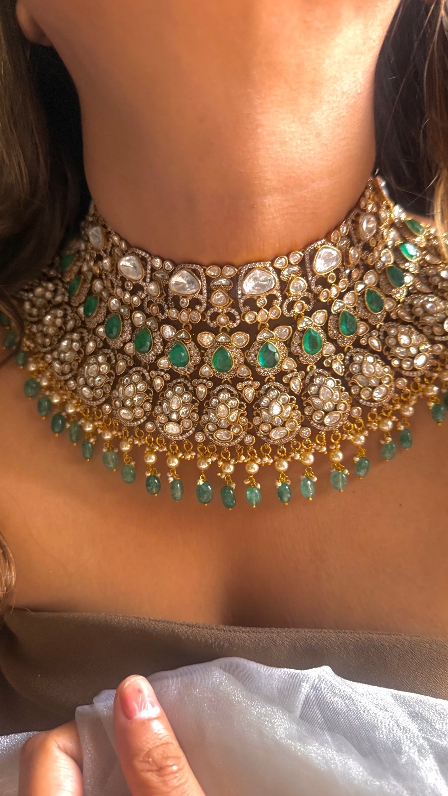 Emerald & Turquoise doublet choker with uncut polki detailing