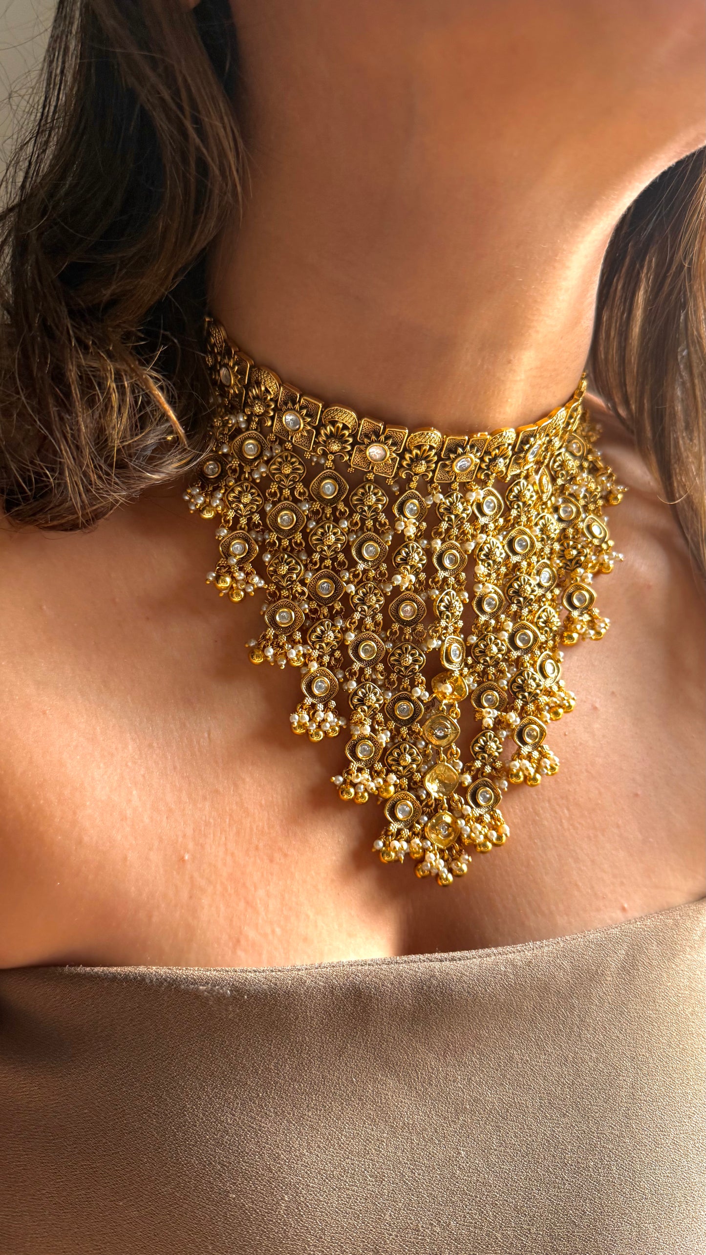 Nakshi oxidised waterfall polki necklace set