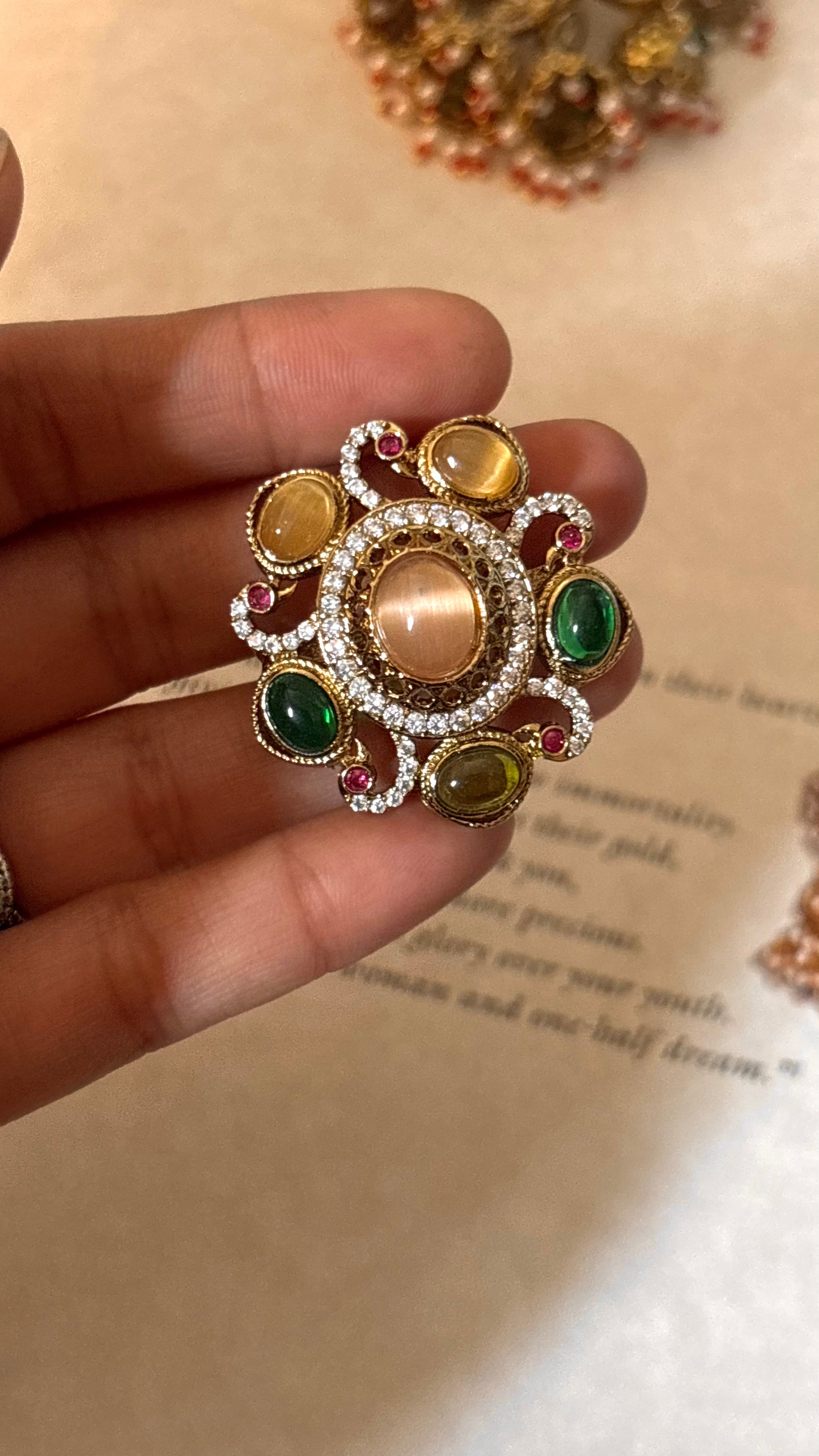 sabya inspired peach mix polki ring
