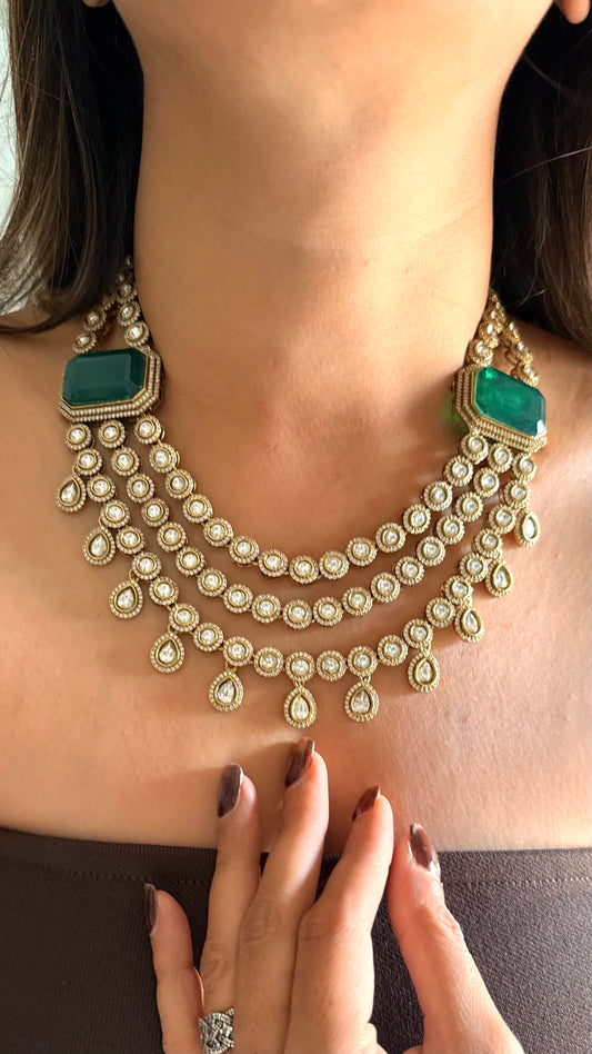 Chitra Emerald doublet moissanite triple layer necklace