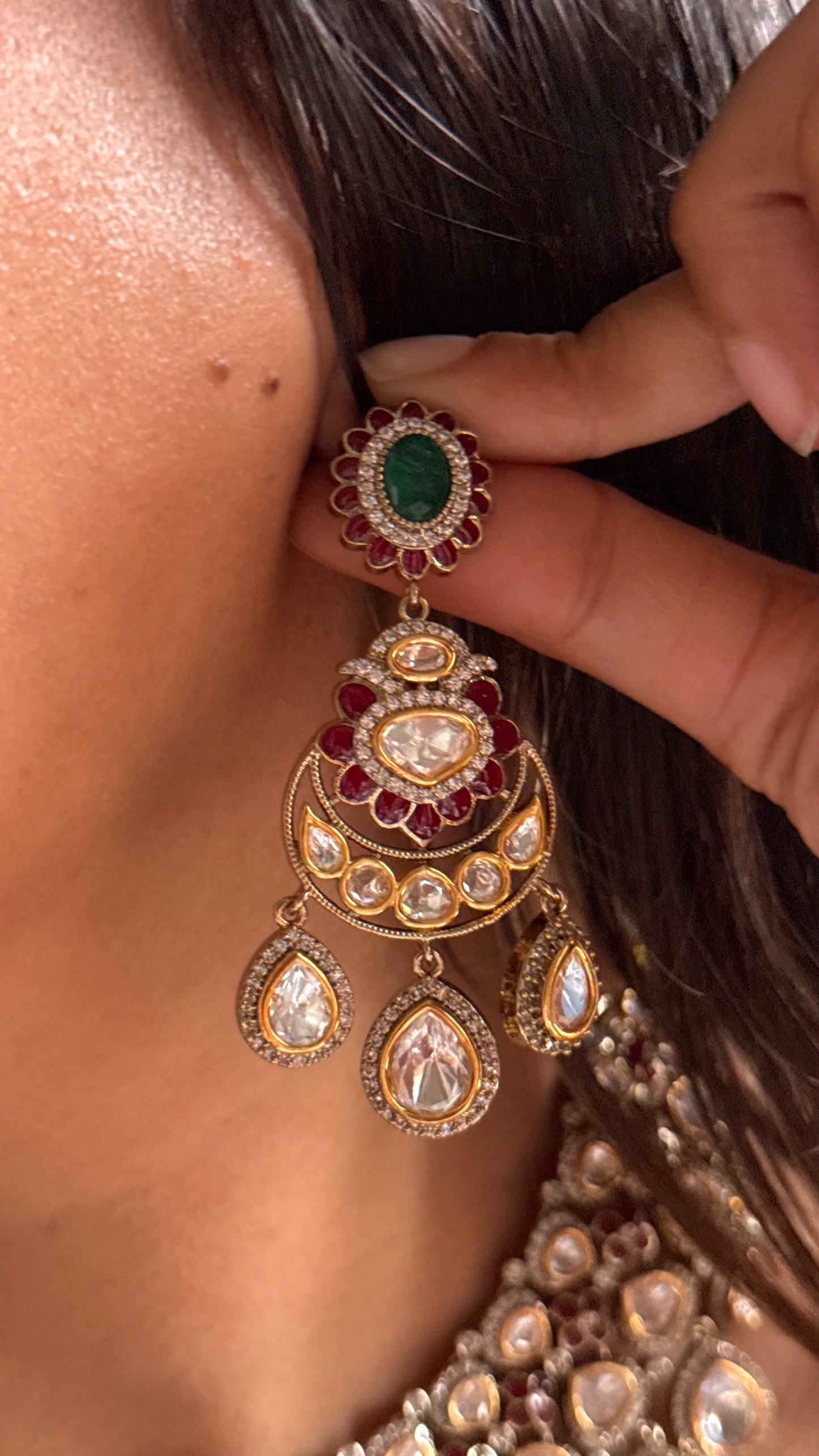 Emerald & ruby vintage moissanite polki necklace