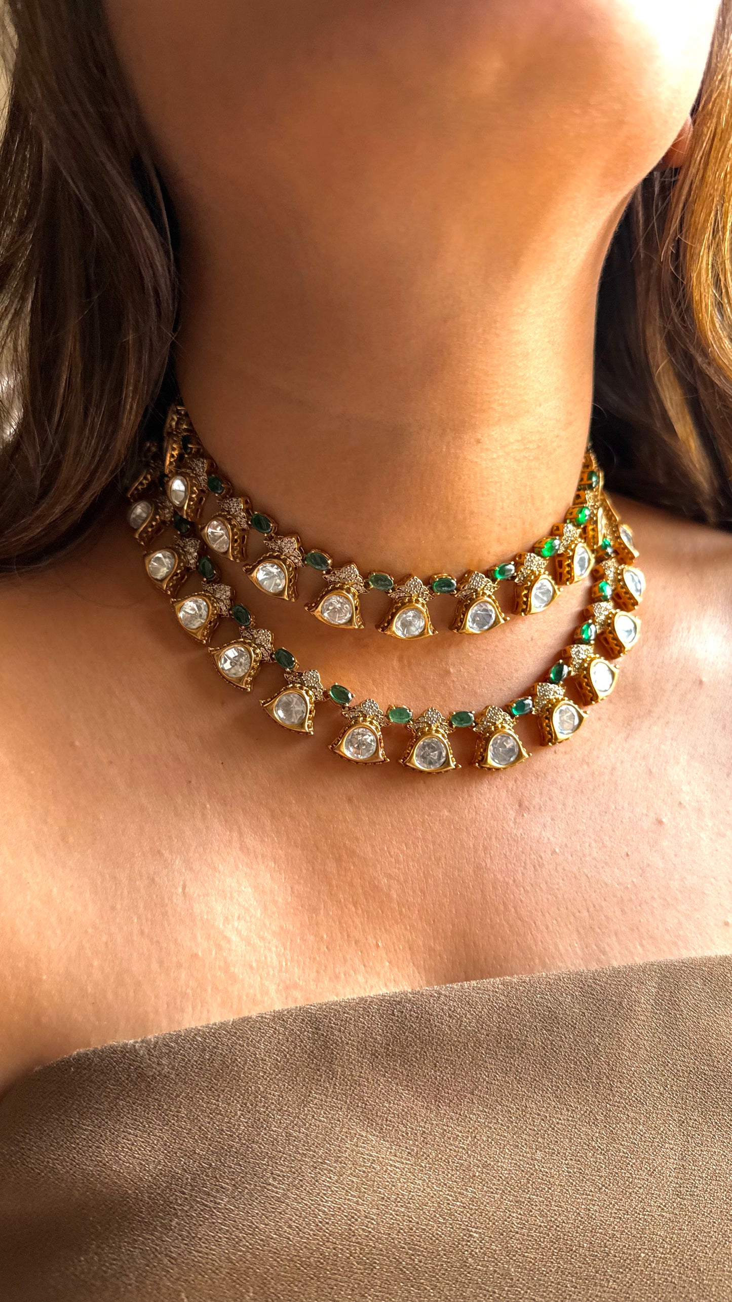 Emerald dual line polki collar necklace