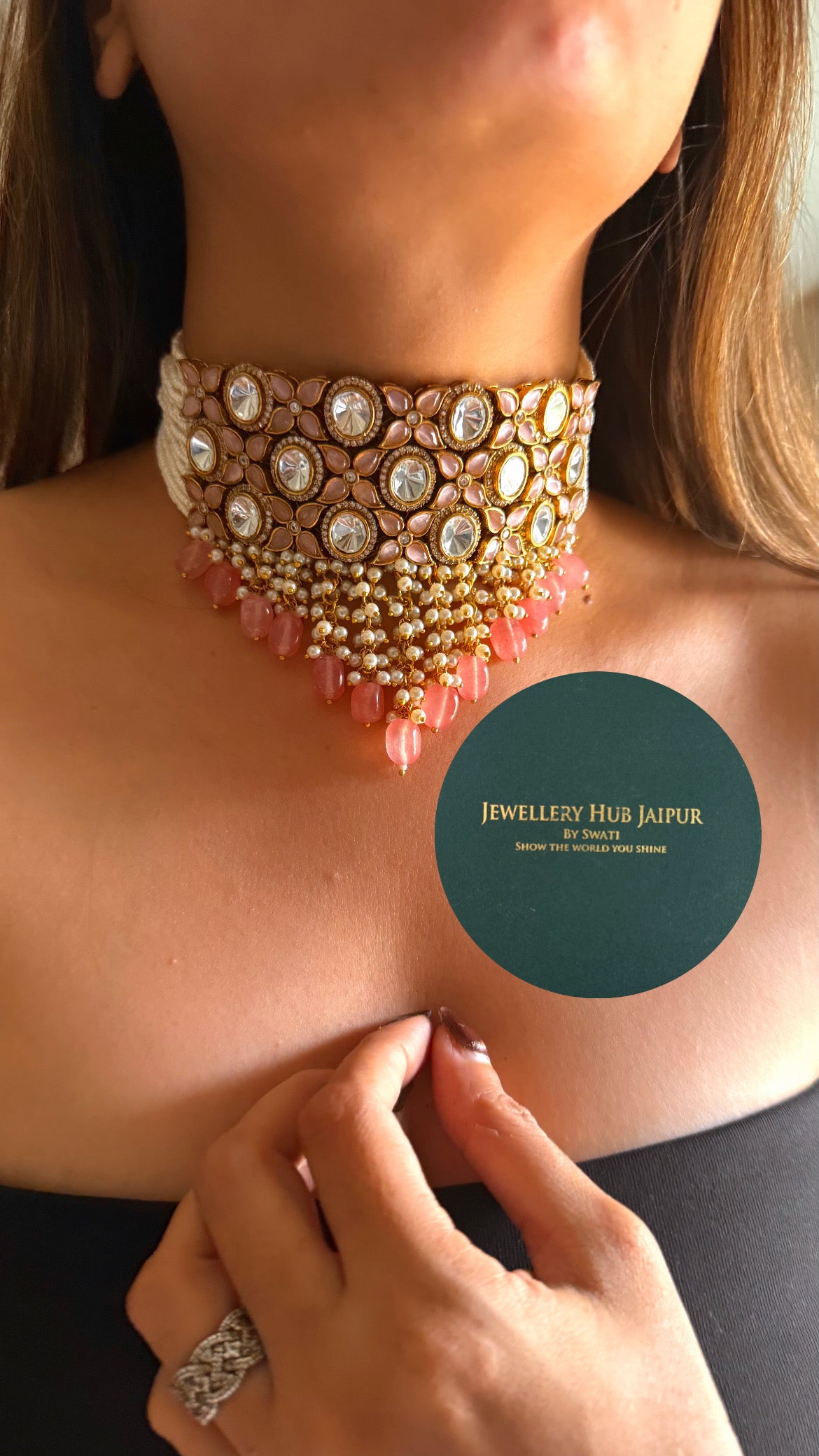 Rose quartz moissanite uncut thread choker set