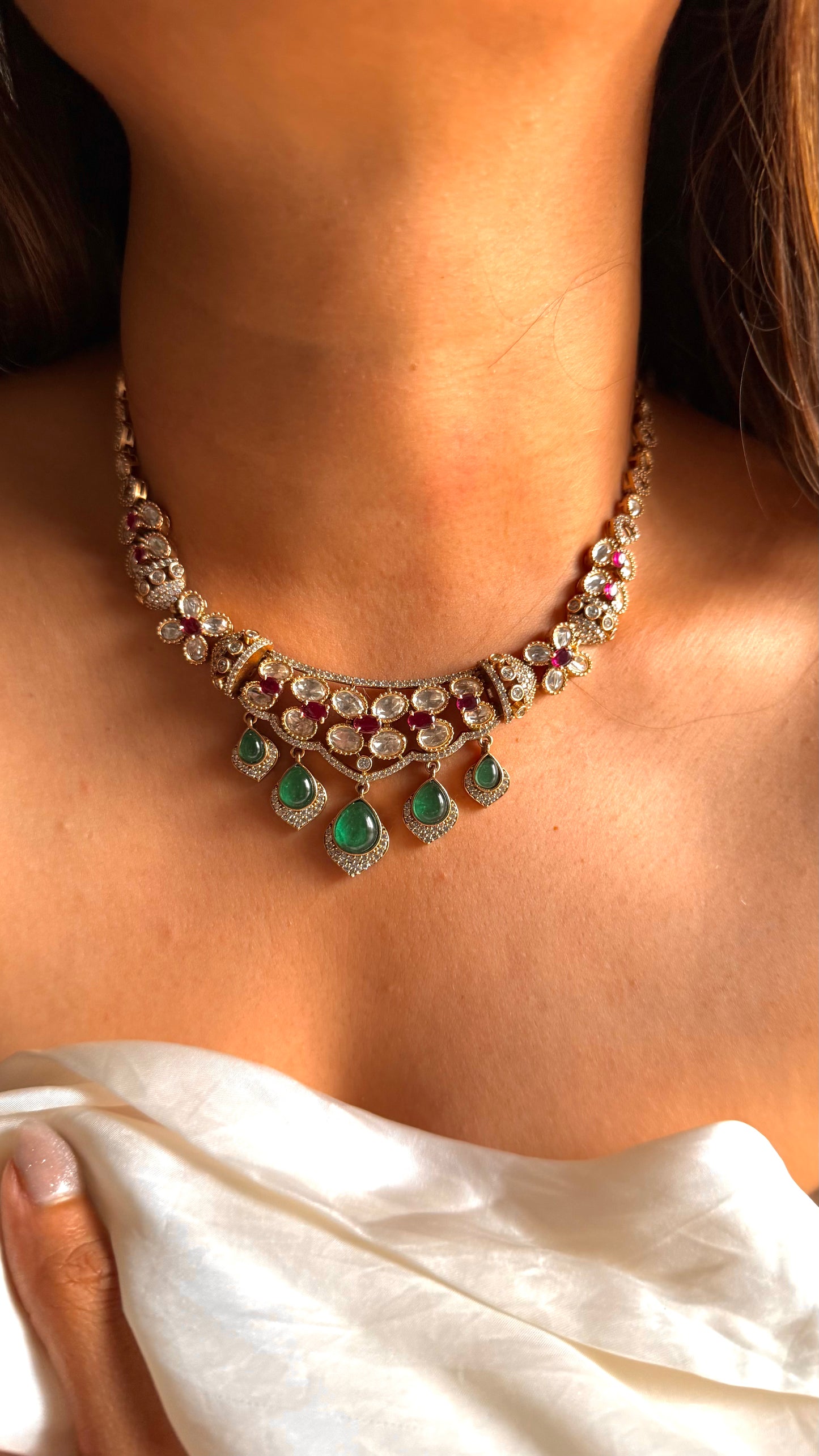 Emerald doublet & rani pink Moissanite collar set