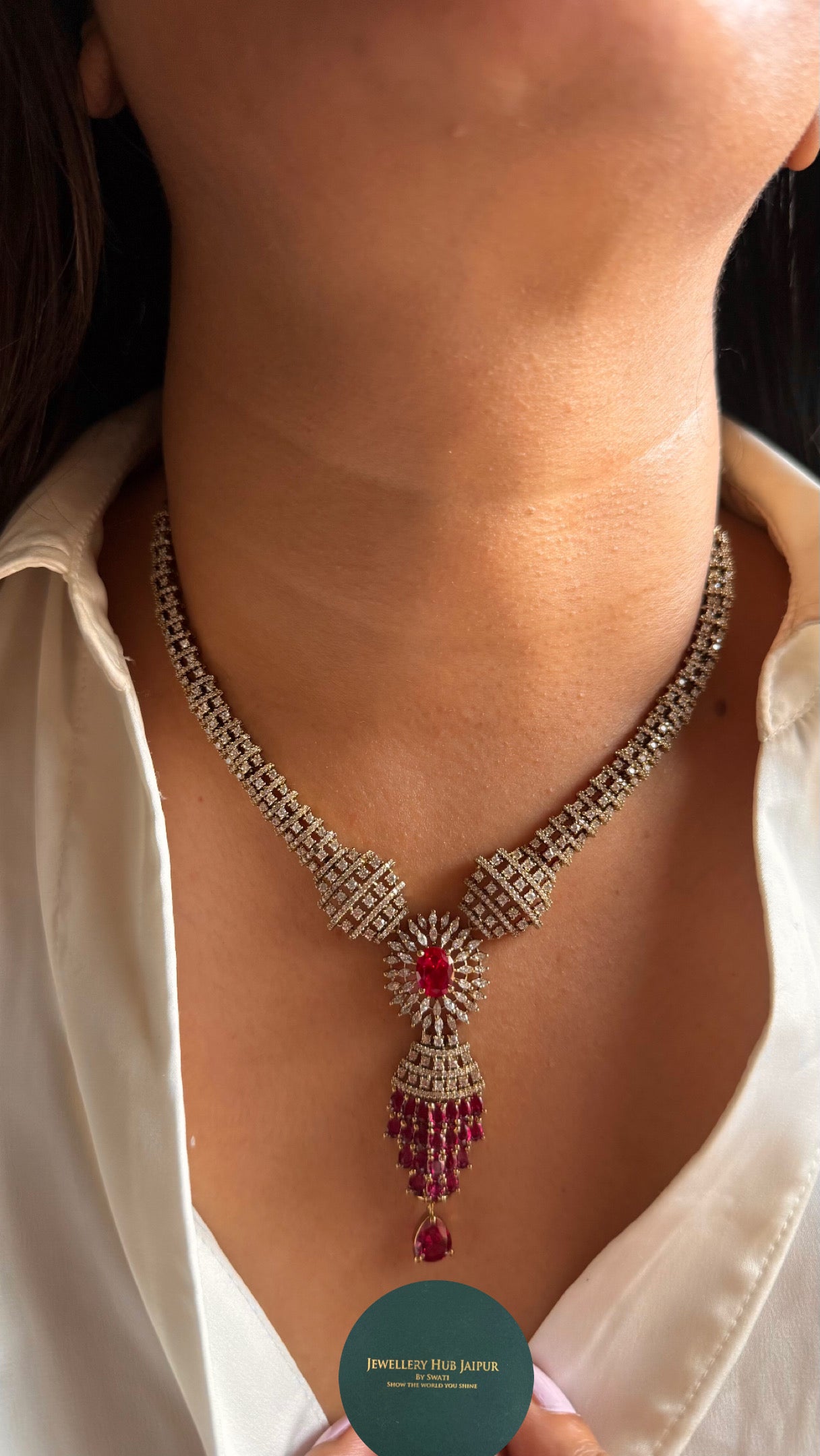 Ruby with Rani pink doublets cz diamond collar Necklace