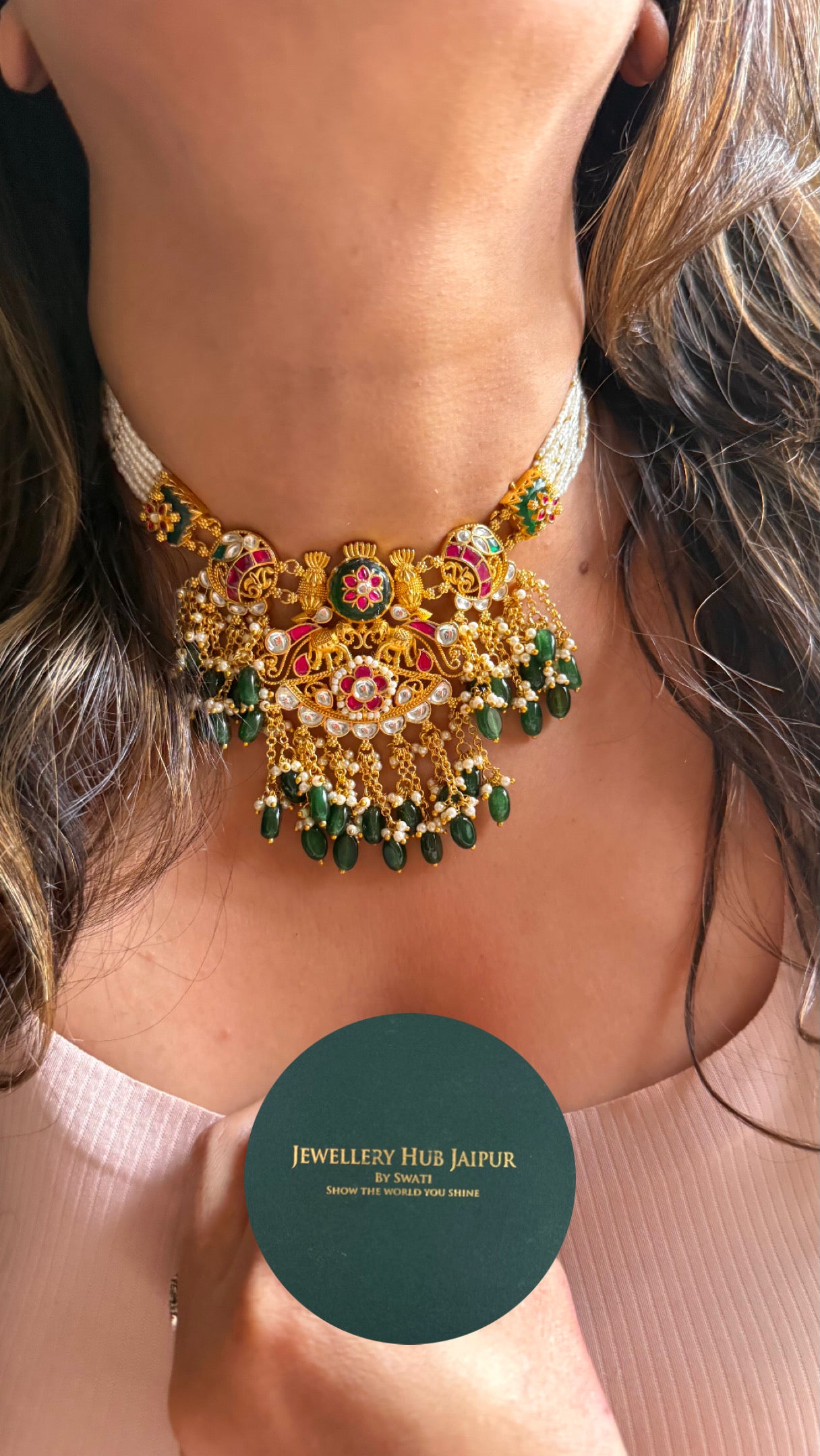Gajj inspired emerald & Rani pink with drops collar necklace