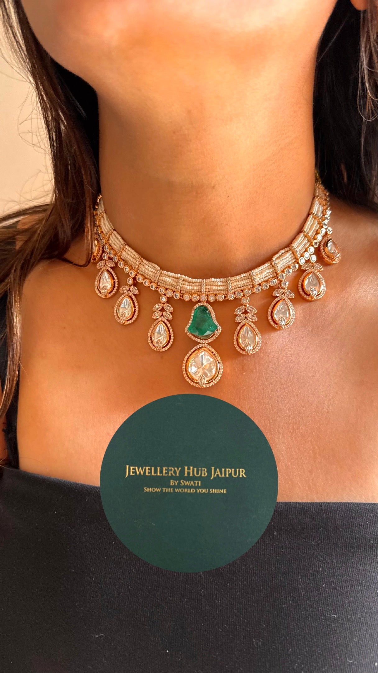emerald stone with uncut polki necklace