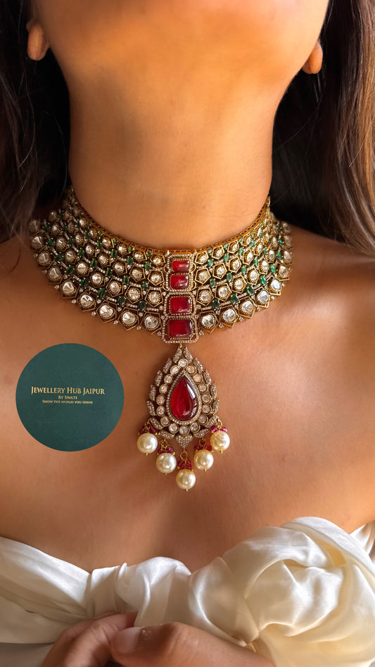 Emerald & Ruby doublet Moissanite choker with pearl detailing