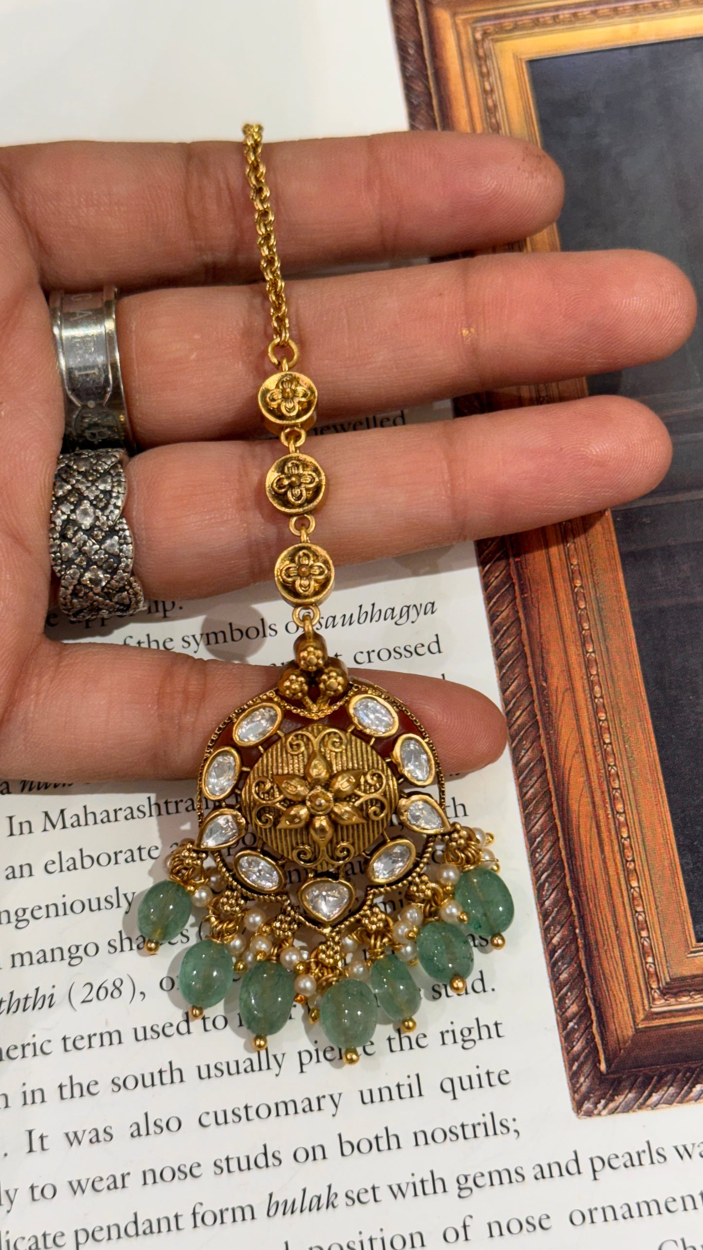 Oxidised gold Victorian polki mangtika with mint drop detailing