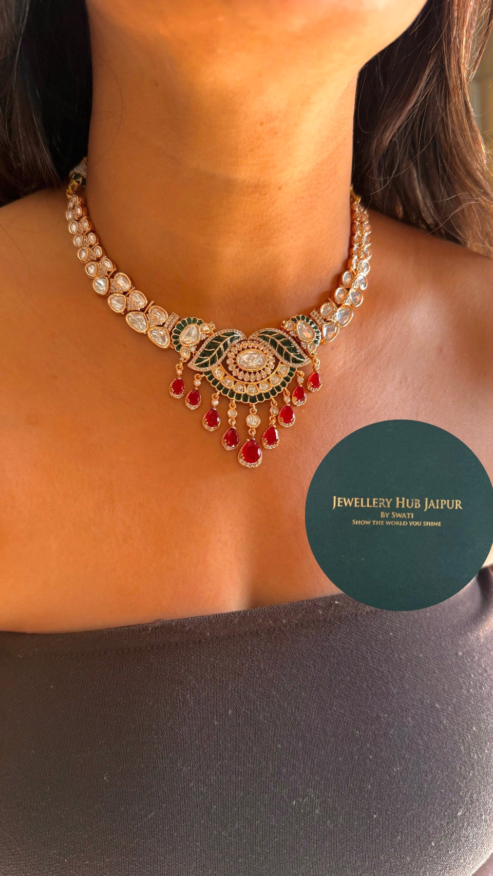 Ruby & emerald leaf designer necklace