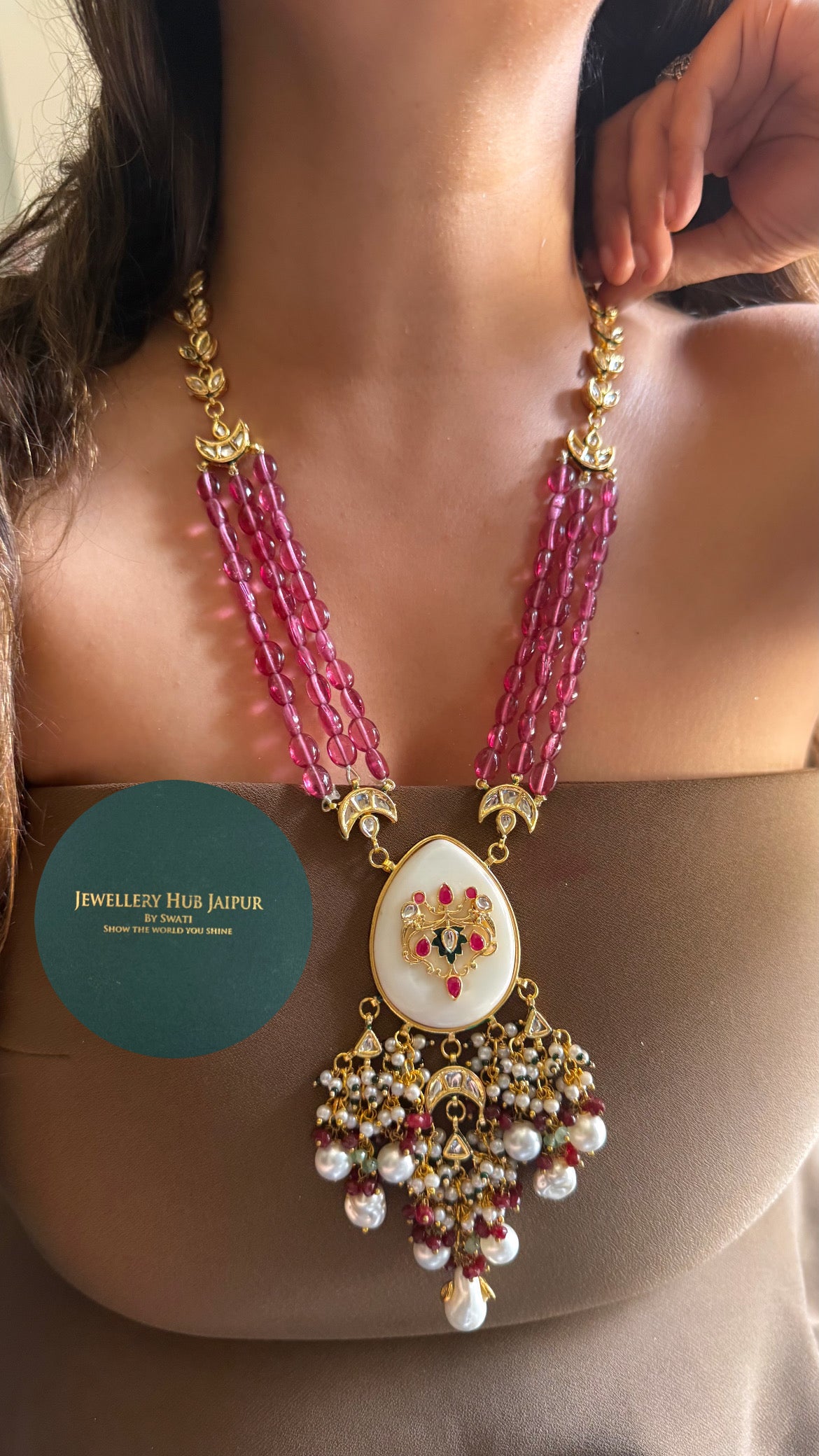 White inlay work & rani pink string meenakari paachi with pearl drop heritage long set
