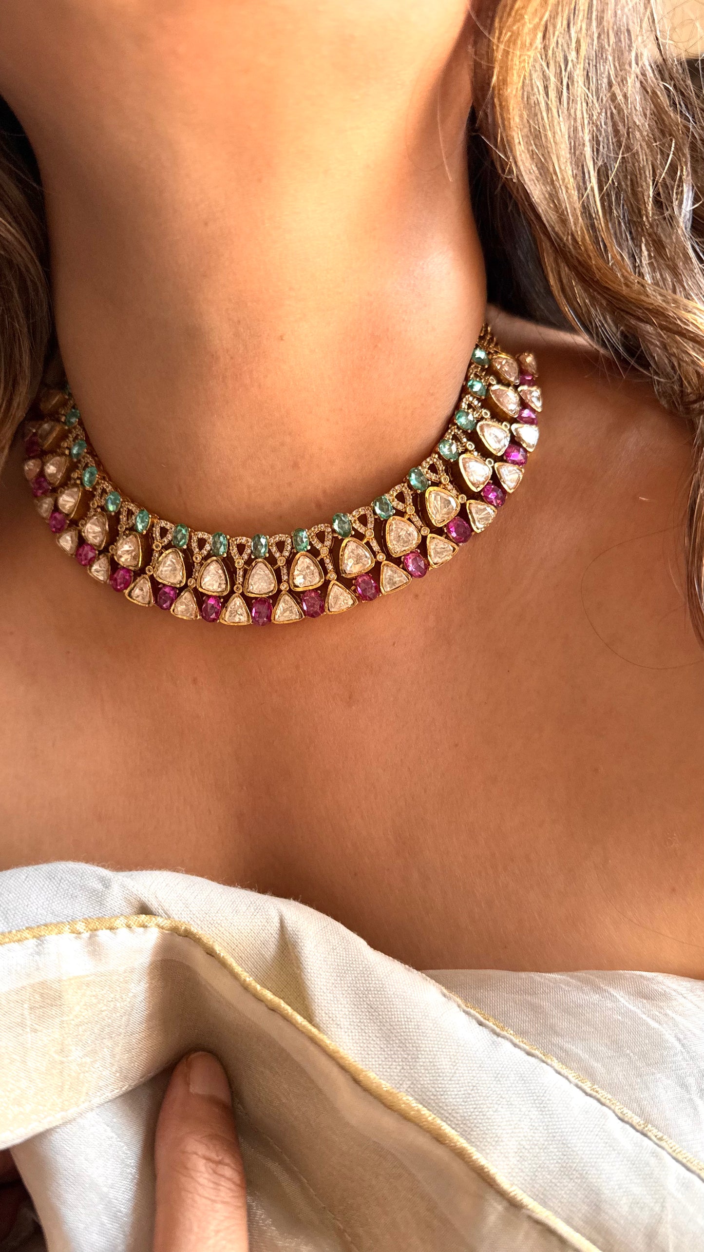 Mint & Pink LV Polki collar necklace