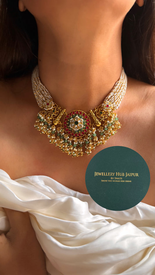 Handmade Heritage Polki Emerald & rani pink floral heritage rajwada collar set