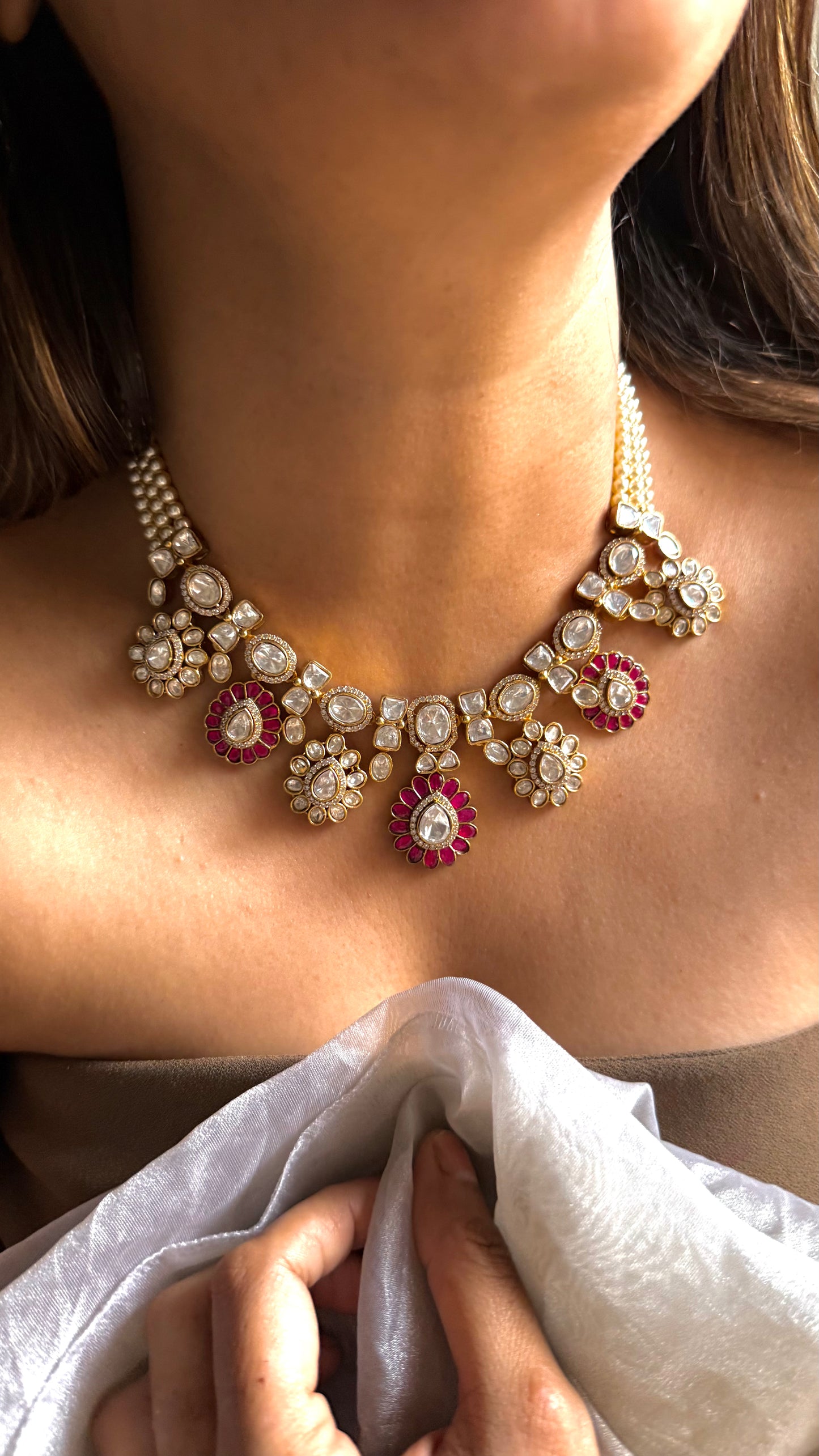 Rani Pink Takkar Uncut Polki Pearl Necklace