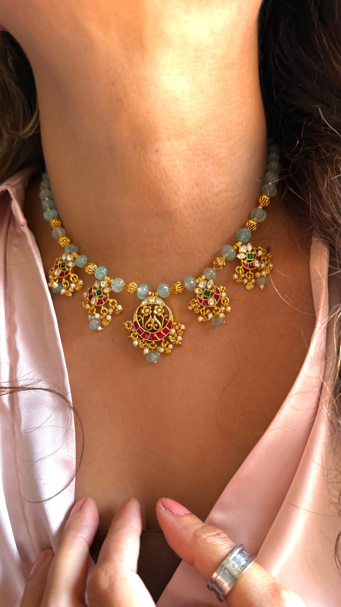 Mint strawberry pachi heritage nakshi necklace