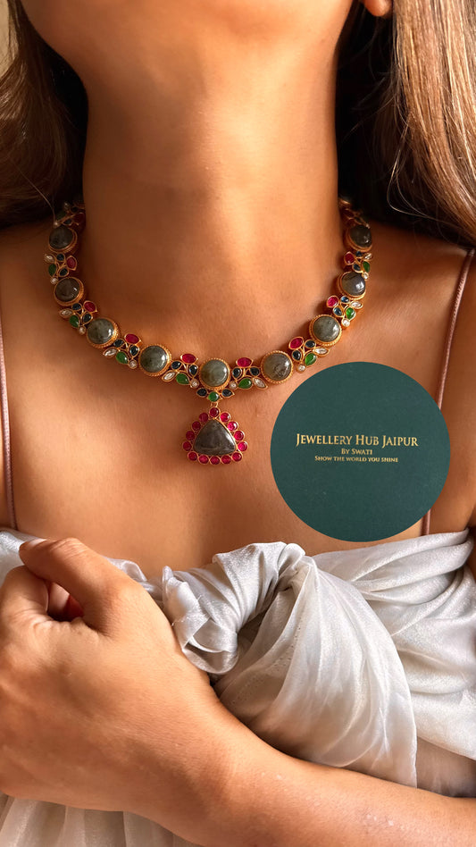 Amrapali inspired Natural stone Rani pink, sapphire and emerald with real stone collar set