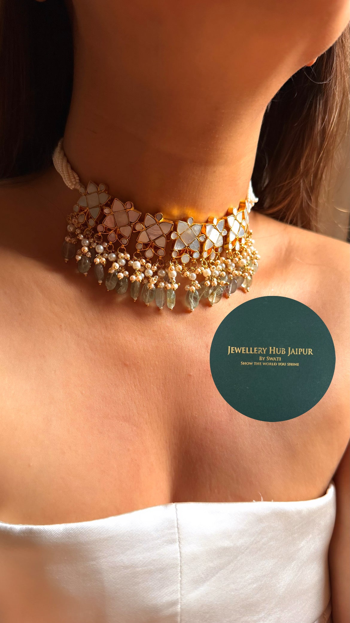 Mother of pearls floral with mint drops rajwada choker set