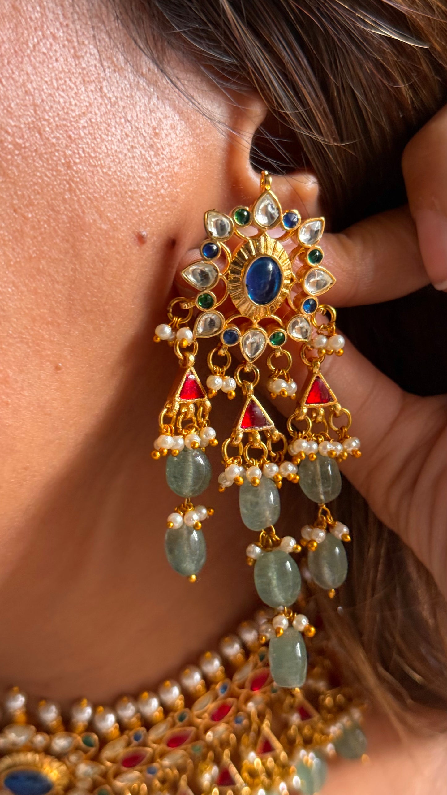 Sunheri sapphire pachi kundan mint pearl detailing Necklace