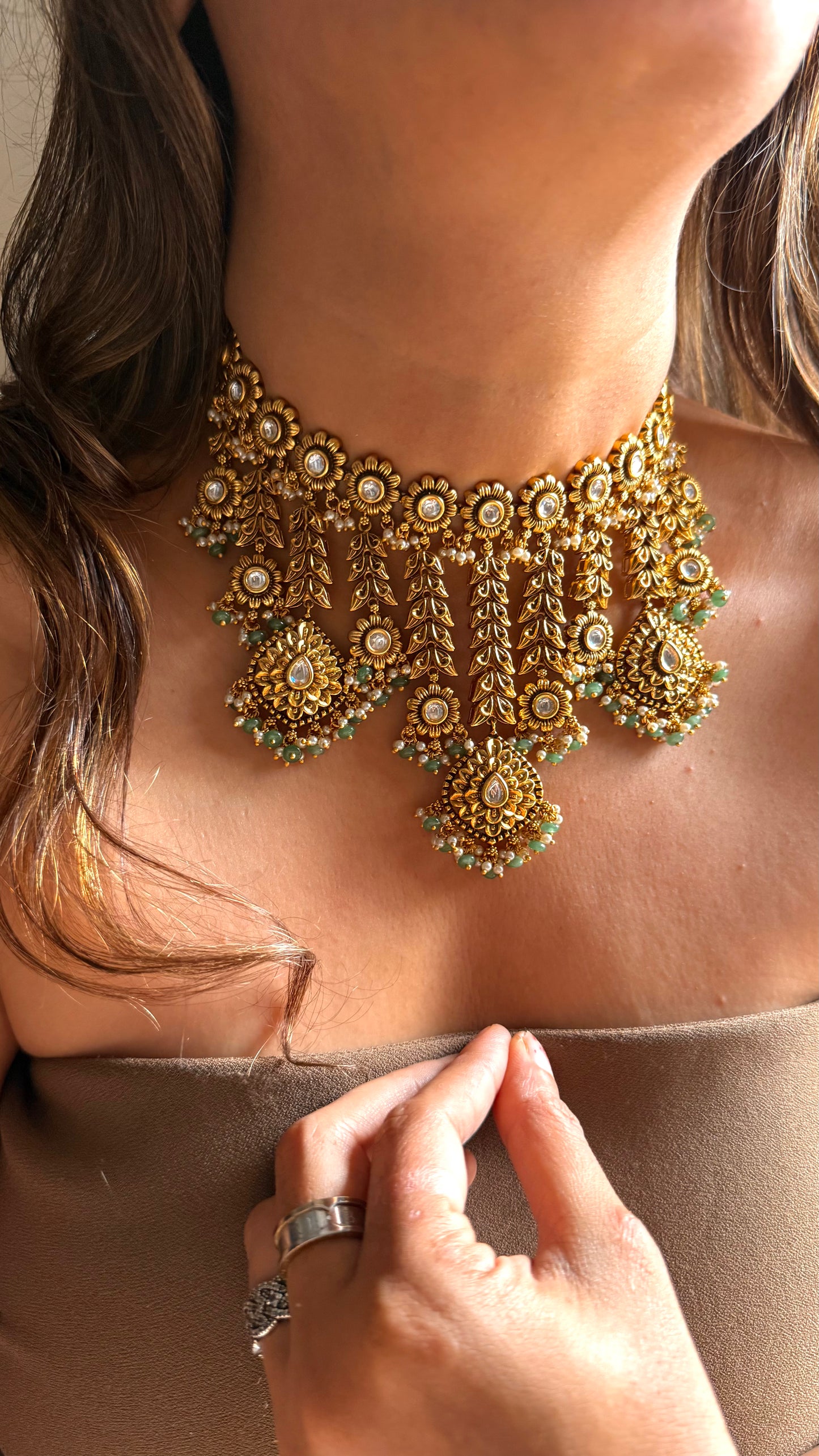 Floral waterfall oxidised Gold Choker with mint detailing