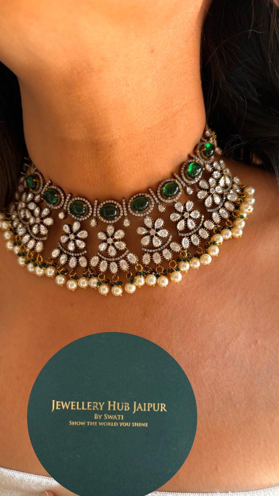Emerald floral Victorian moissanite necklace set