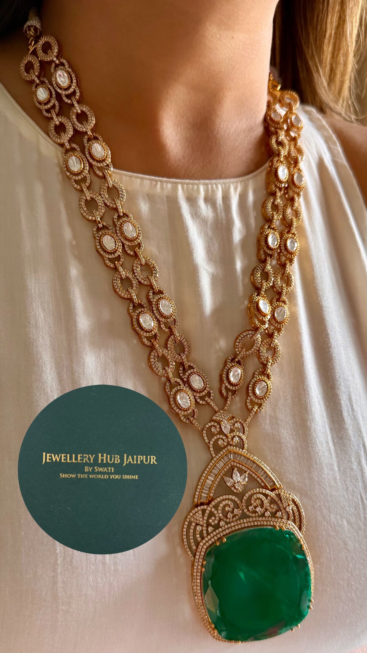 Emerald moissanite designer long necklace