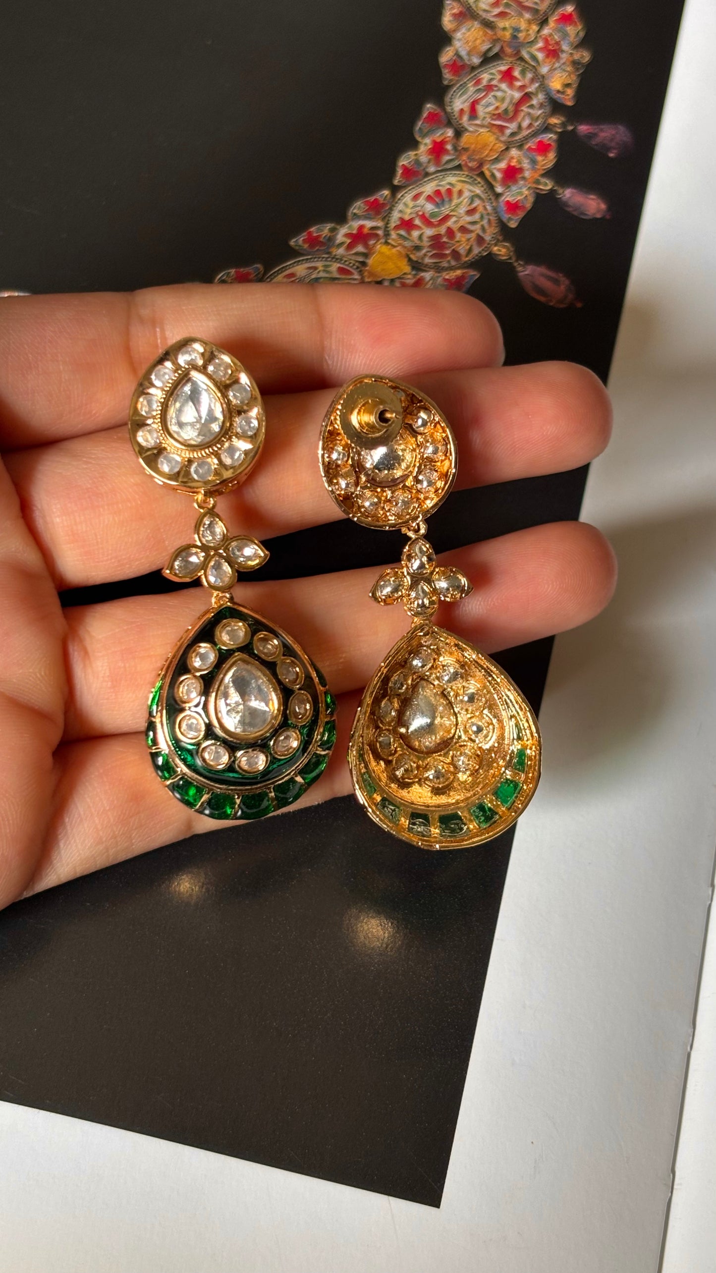 Emerald Moissanite polki meenakari danglers