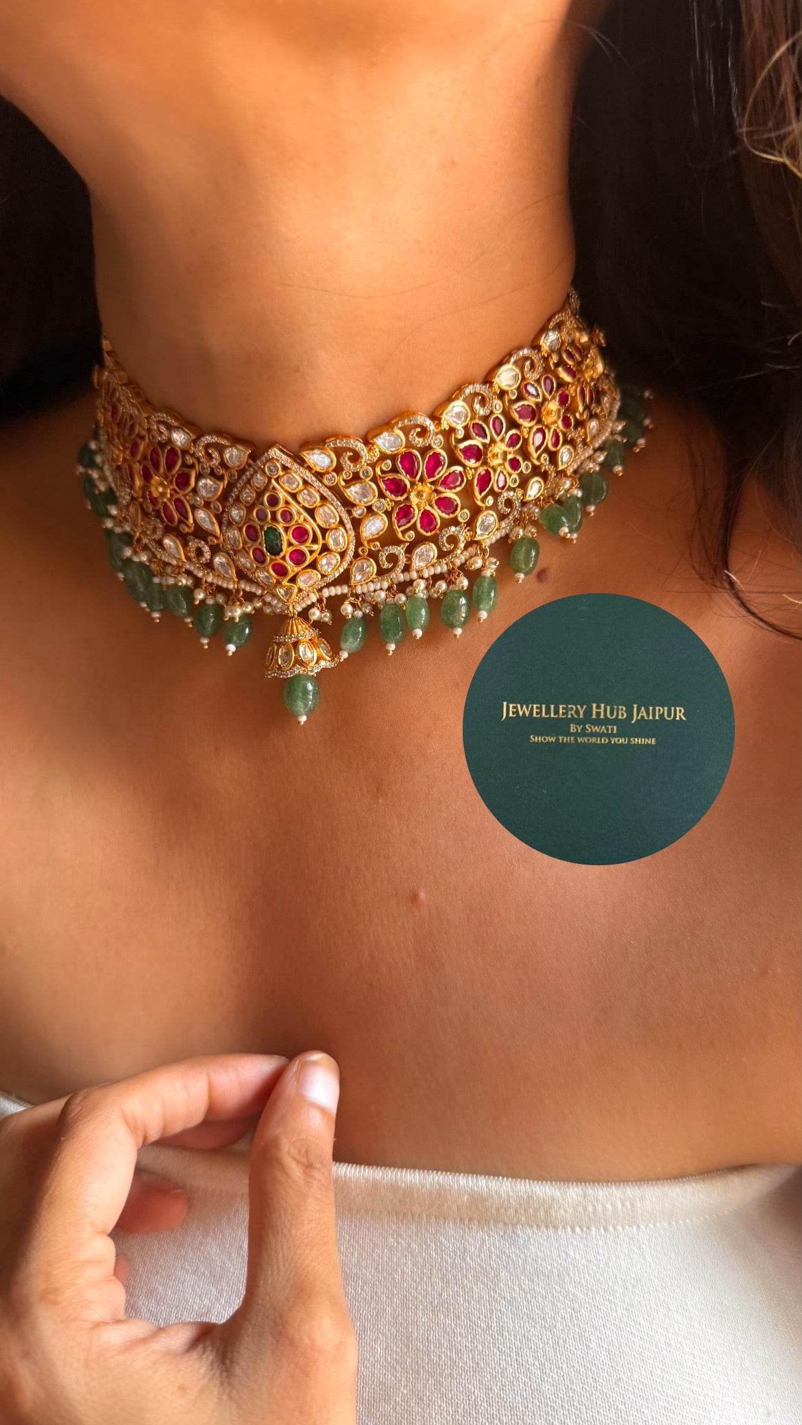 Emerald & ruby floral design with mint drop rajwada choker set