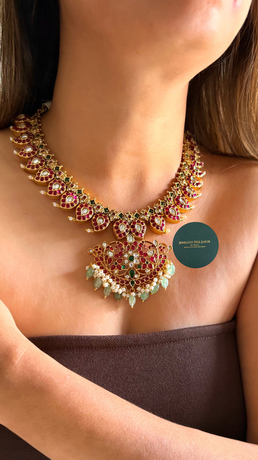 Jahanvi Rani pink & mint keri design temple jewellery set