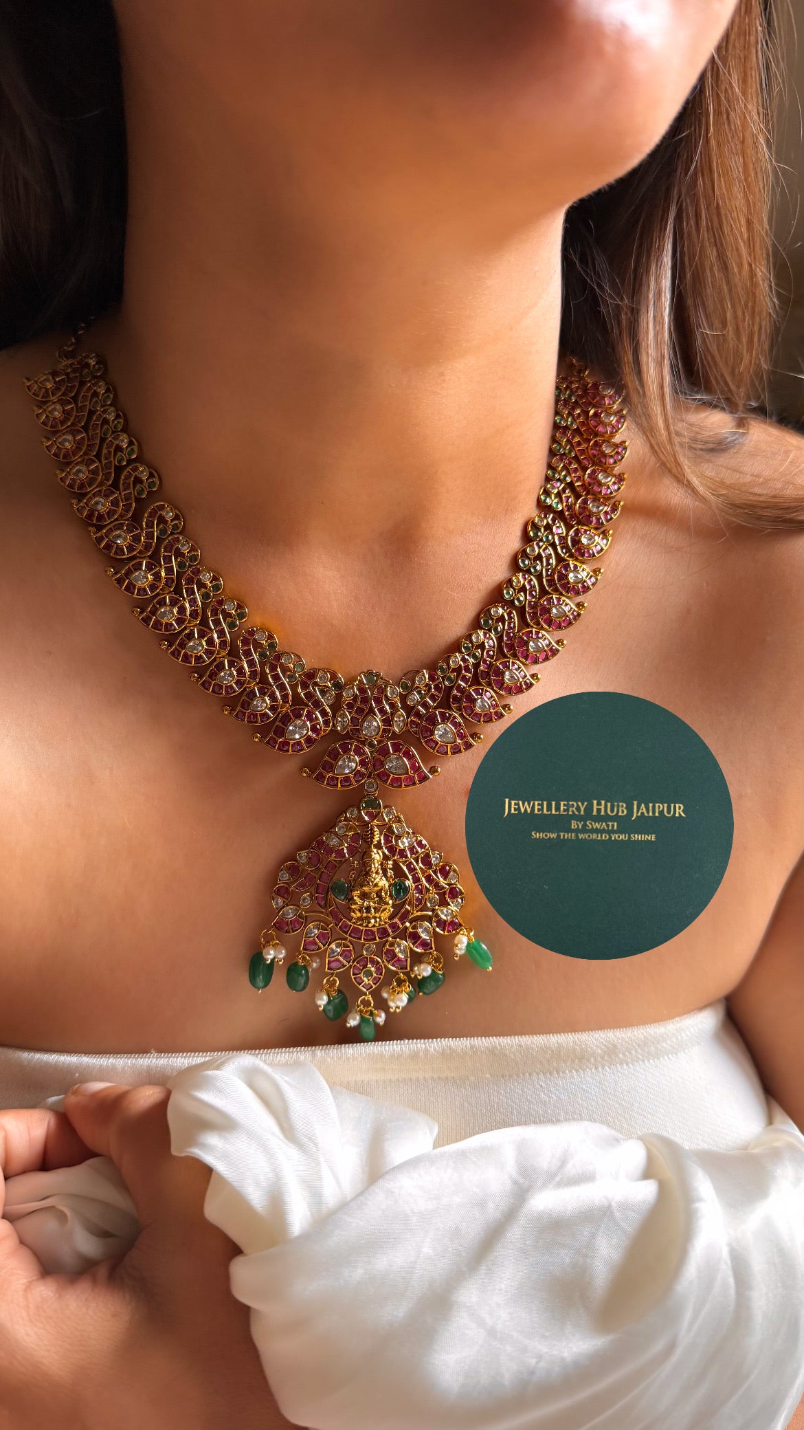 Detachable Goddess laxmi rani pink & emerald with emerald & pearl drop temple collar set