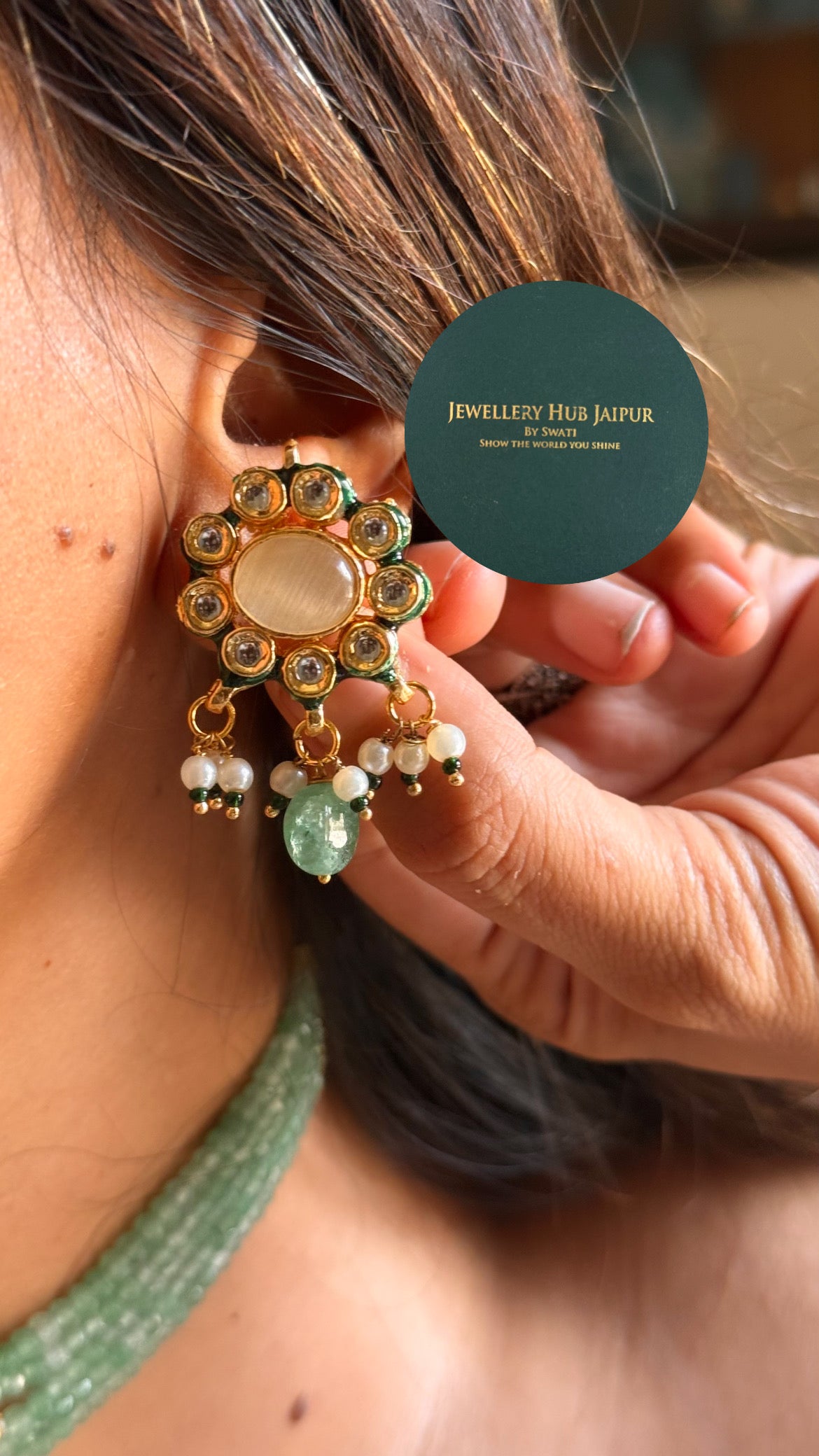 Rose quartz inlay work with mint drops & emerald meenakari paachi choker set