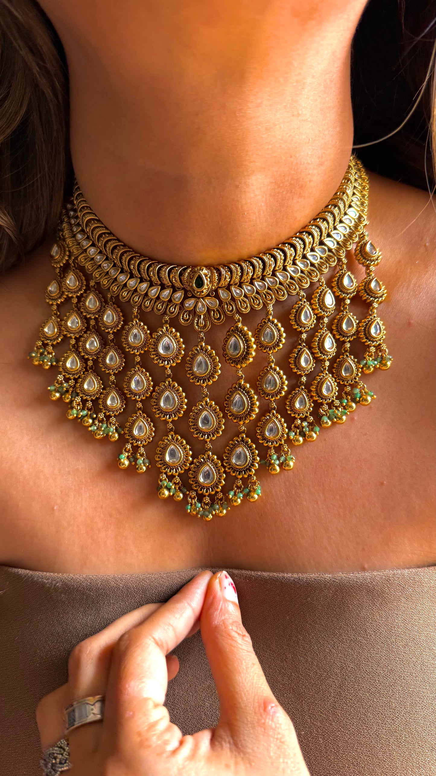 Peacock inspired polki waterfall necklace