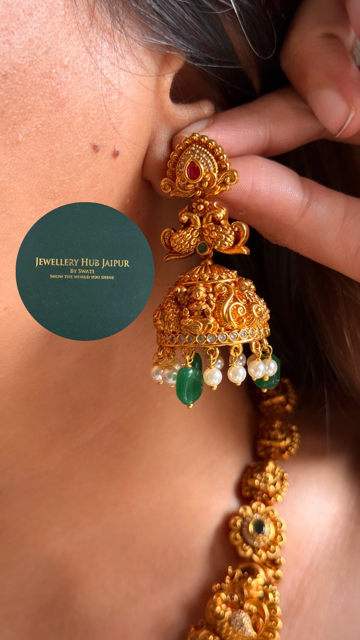 Goddess laxmi with emerald drop temple collar set