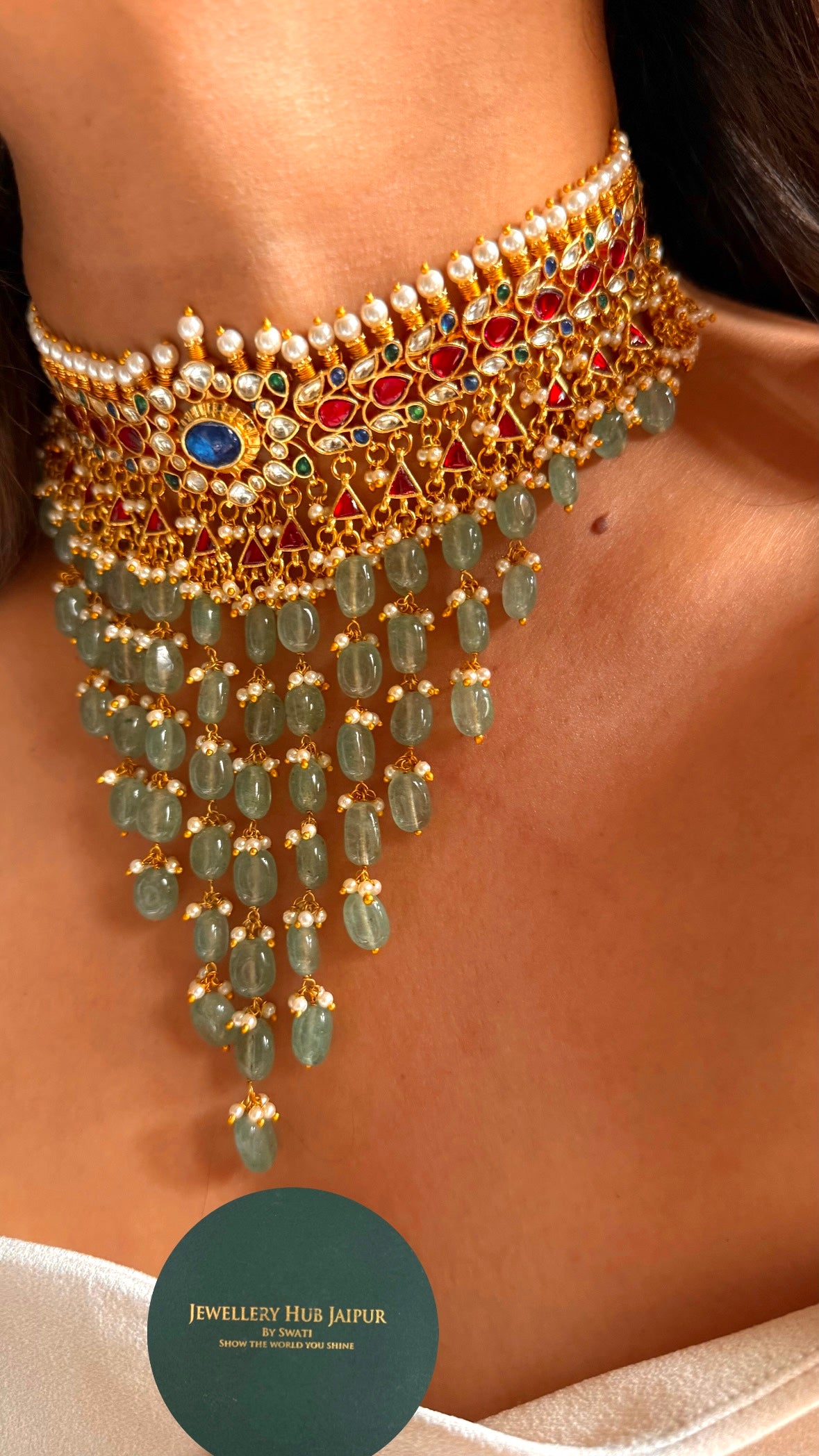 Sunheri sapphire pachi kundan mint pearl detailing Necklace