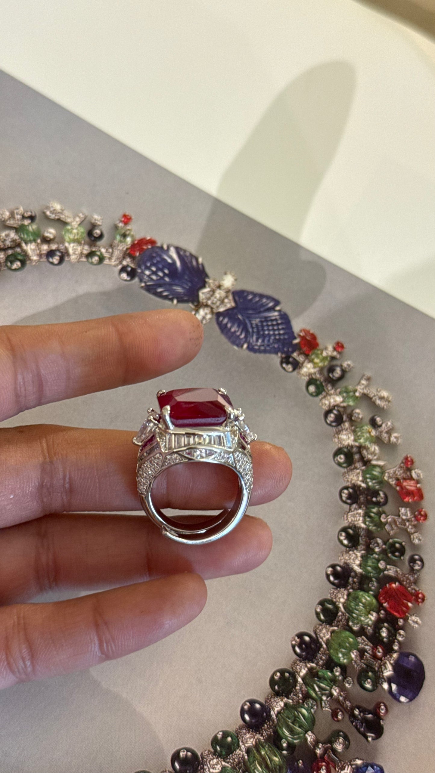 Ruby enamel diamond designer, cocktail ring