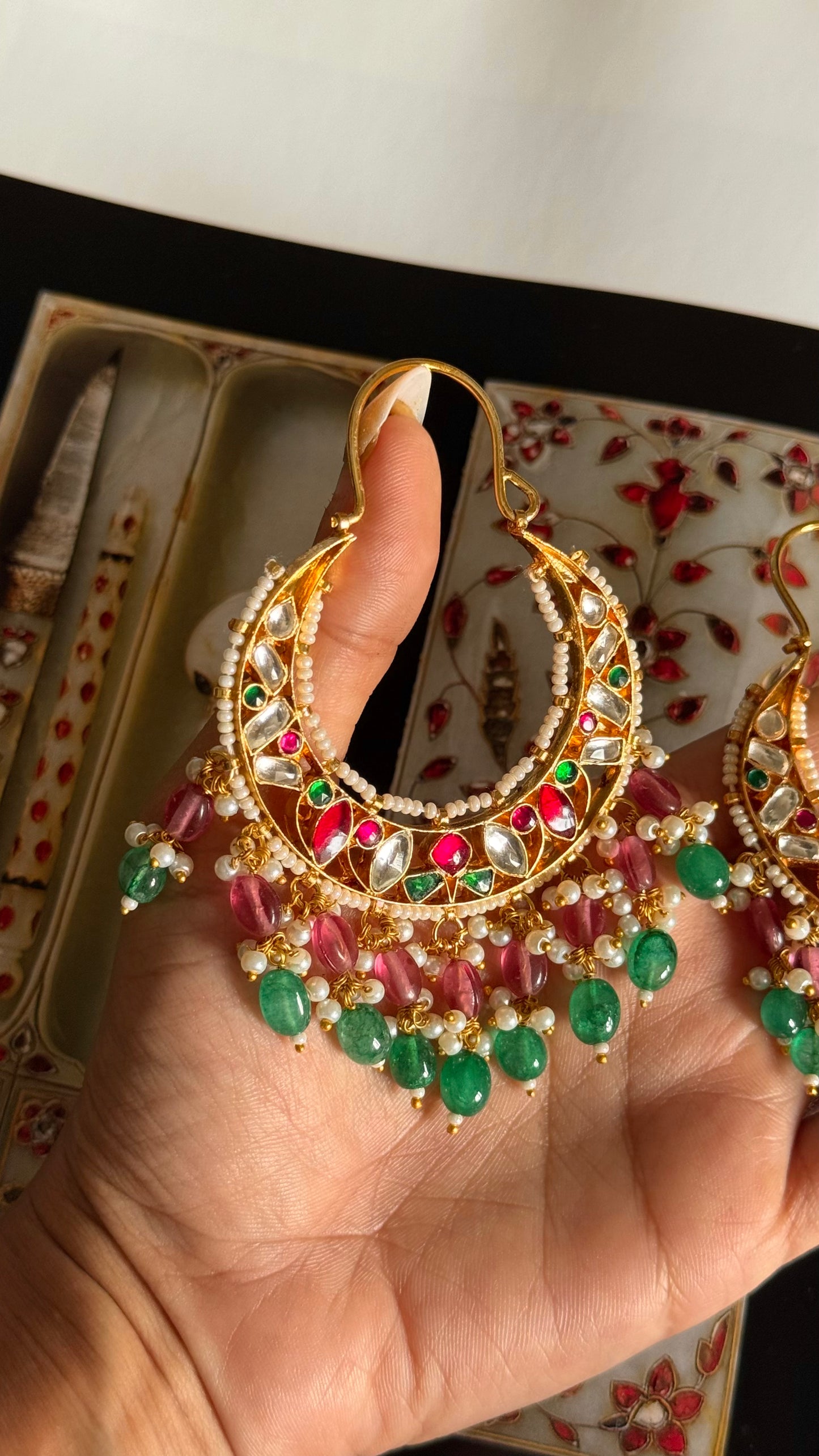 Paachi Rani pink & emerald rajwada style earrings with emerald & rani pink drops