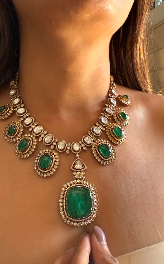 Emerald moissanite polki designer necklace