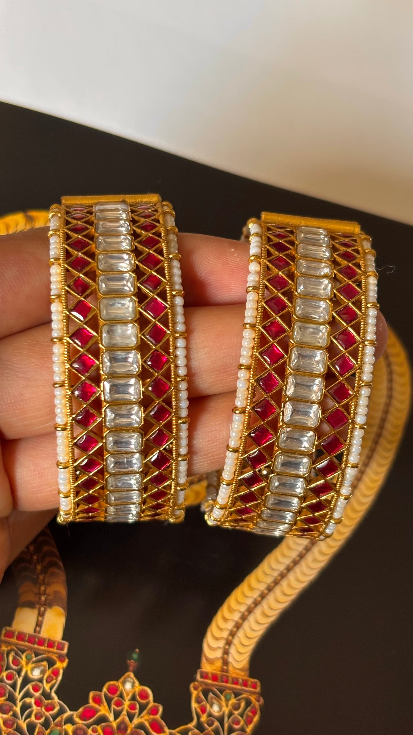 Ruby paachi jadau pearl detailing bangles