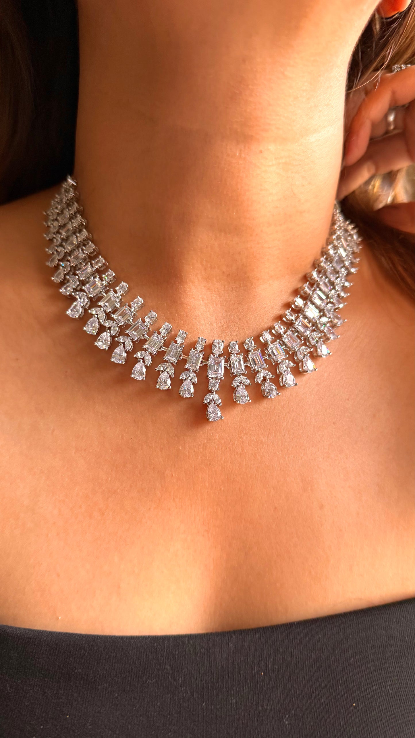 Block & drop shape cz diamond necklace