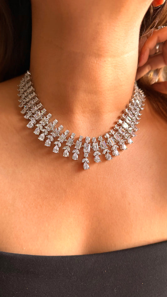 Block & drop shape cz diamond necklace