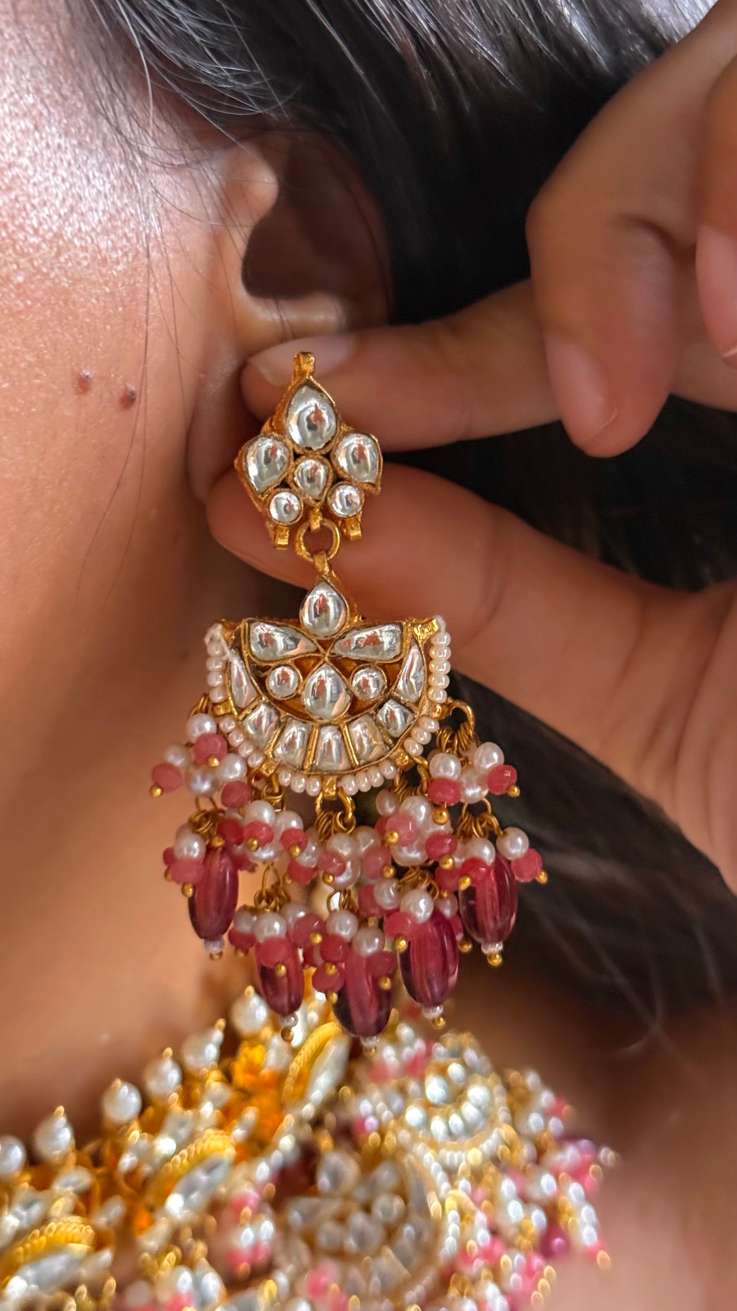 Lotus inspired chaand nakashi with rani pink drop bridal Necklace