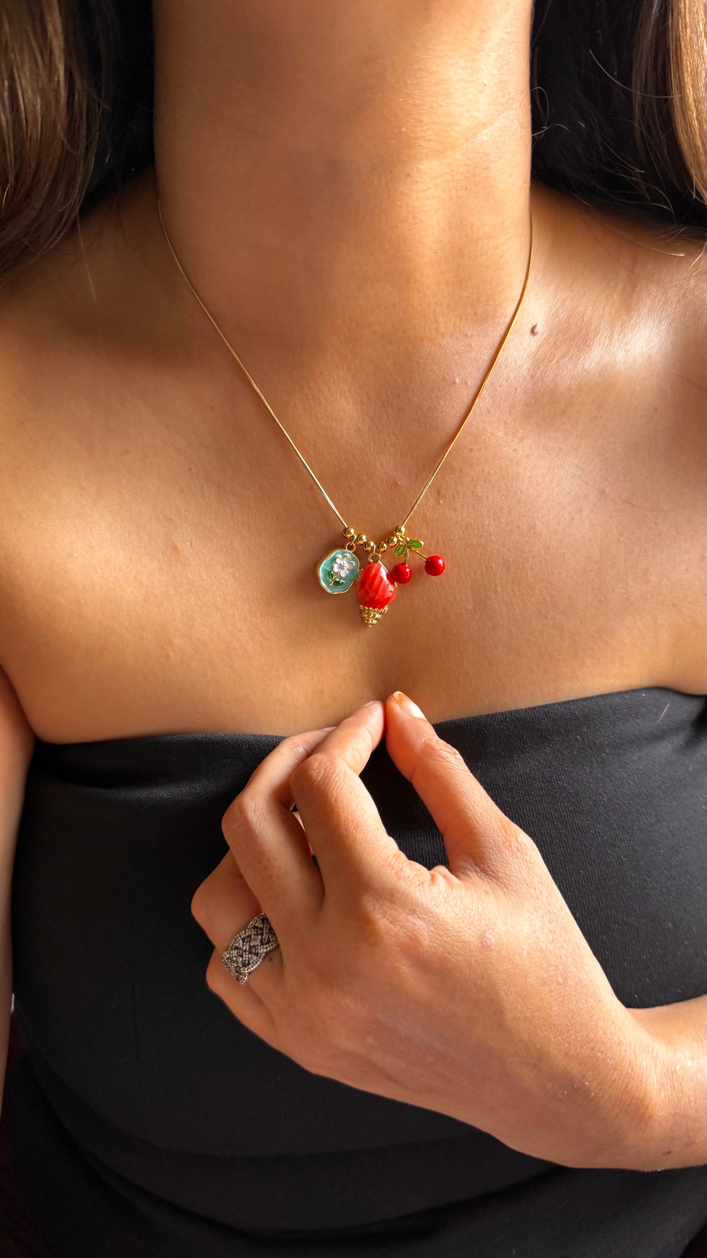 Whimsical Strawberry and Cherry Charm Necklace