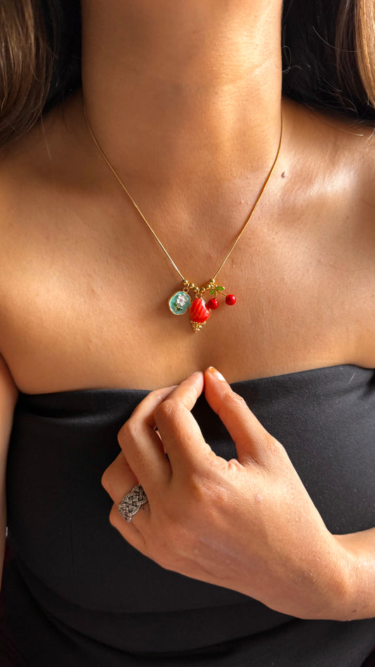 Whimsical Strawberry and Cherry Charm Necklace