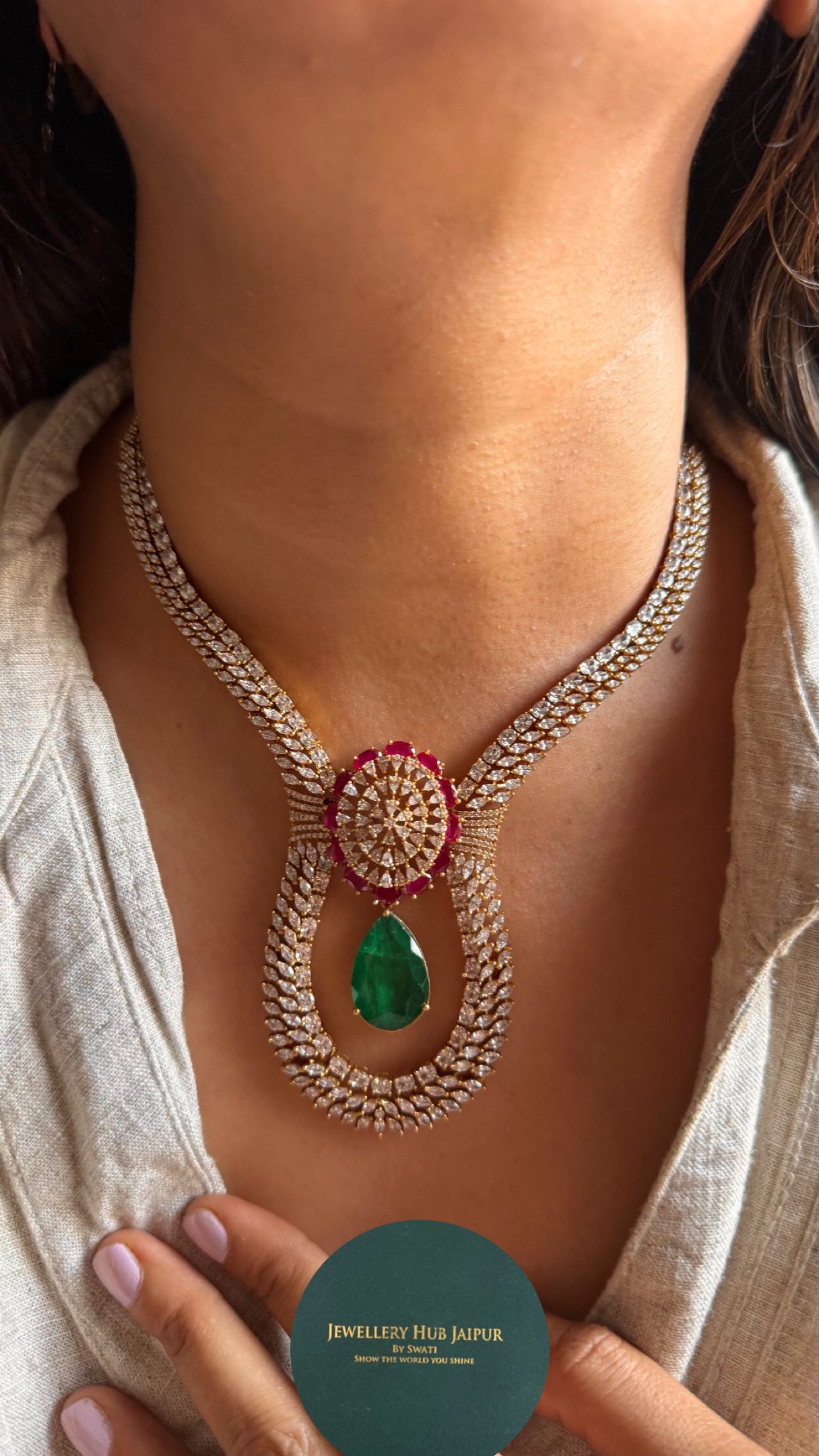 Emerald & Rani pink doublets with cz diamond Necklace