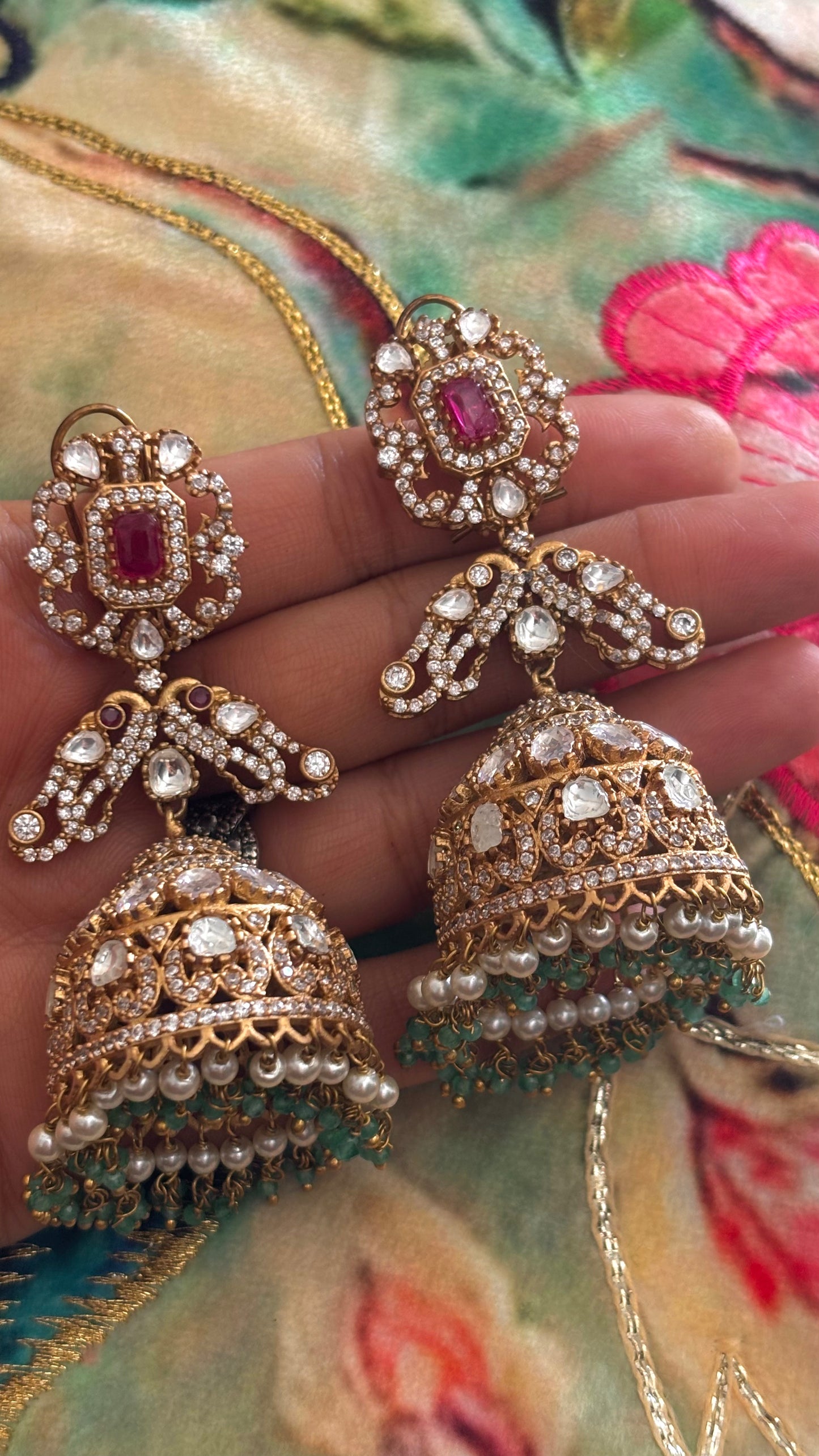 Ruby heritage polki Jhumri with mint drops