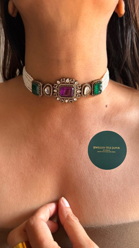 Emerald tanzanite minimal choker